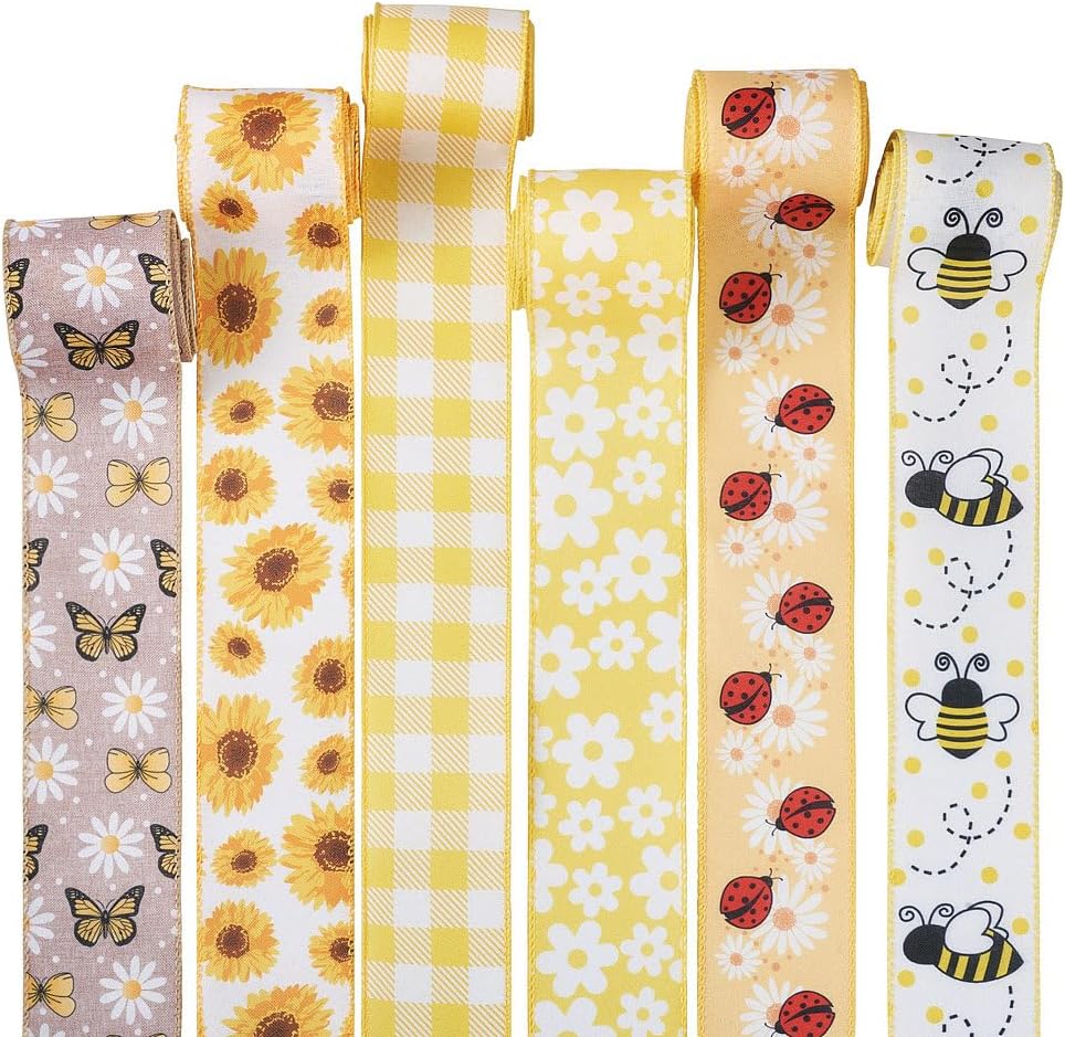 Amazon.com: KISSITTY 6 Rolls Bee Ribbons for Crafts Wired Edge ...