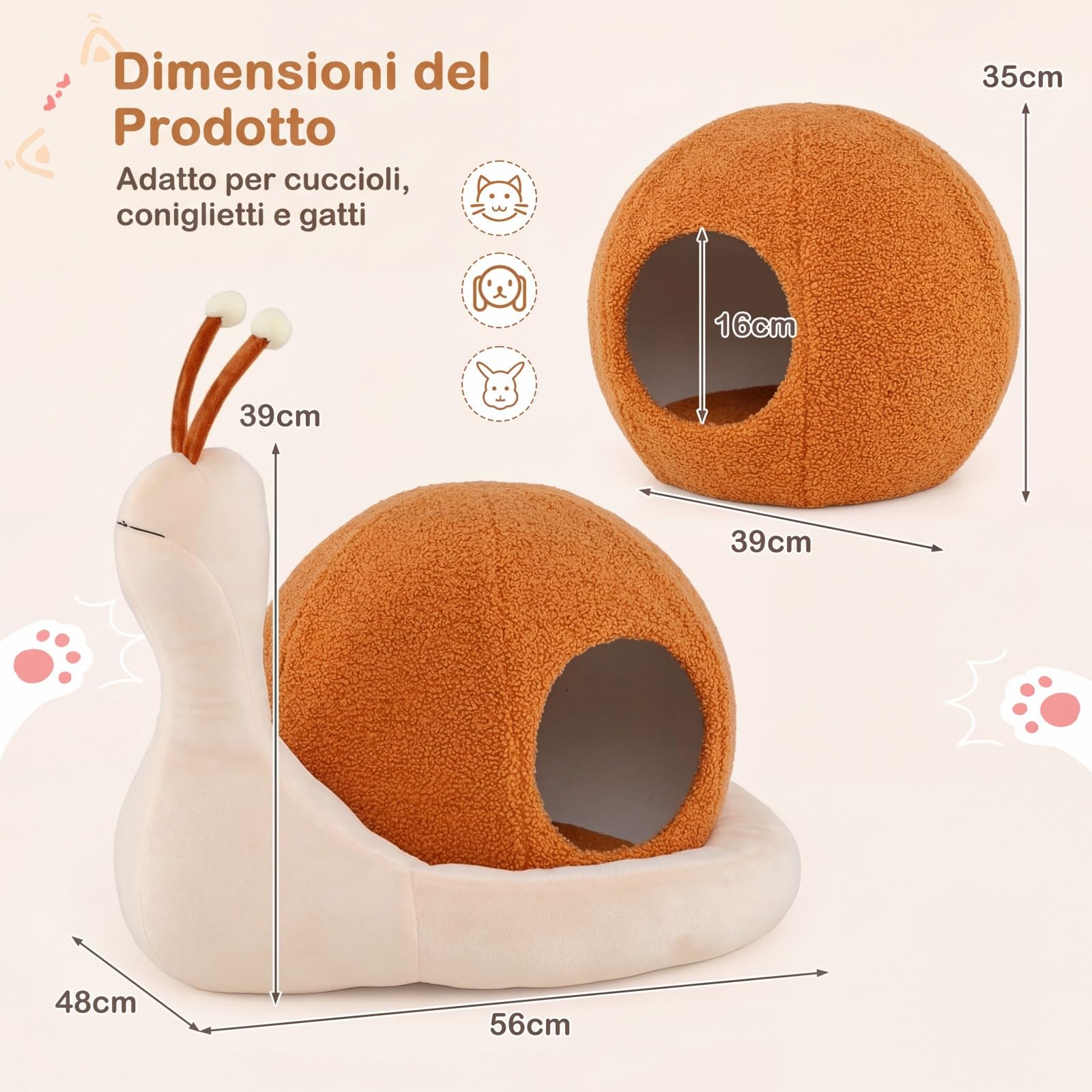 COSTWAY Cuccia per Gatti da Interno, Cuccia a Forma di Chiocciola per Gattini con Cuscino Rimovibile e Lavabile, Peluche Morbido e Fondo Antiscivolo, Letto Chiuso per Cani Piccoli e Gatti
