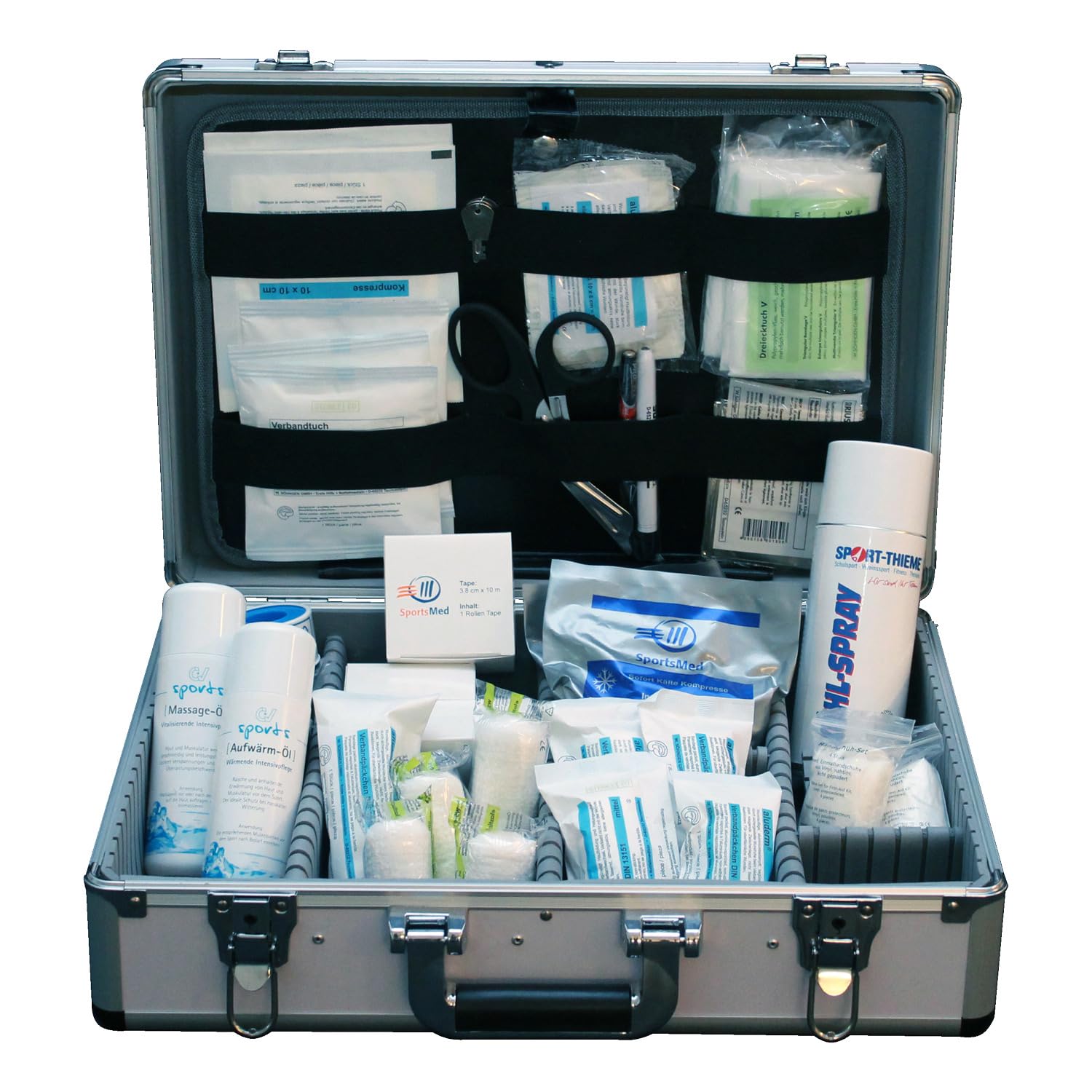 Sport-Thieme Erste-Hilfe-Koffer mit Inhalt | Alu Sanitätskoffer für Fussball, Handball, Sport | Befüllt nach DIN 13160 + Kühlspray | Variable Fachaufteilung | 45x32x14 cm | 5,5 kg