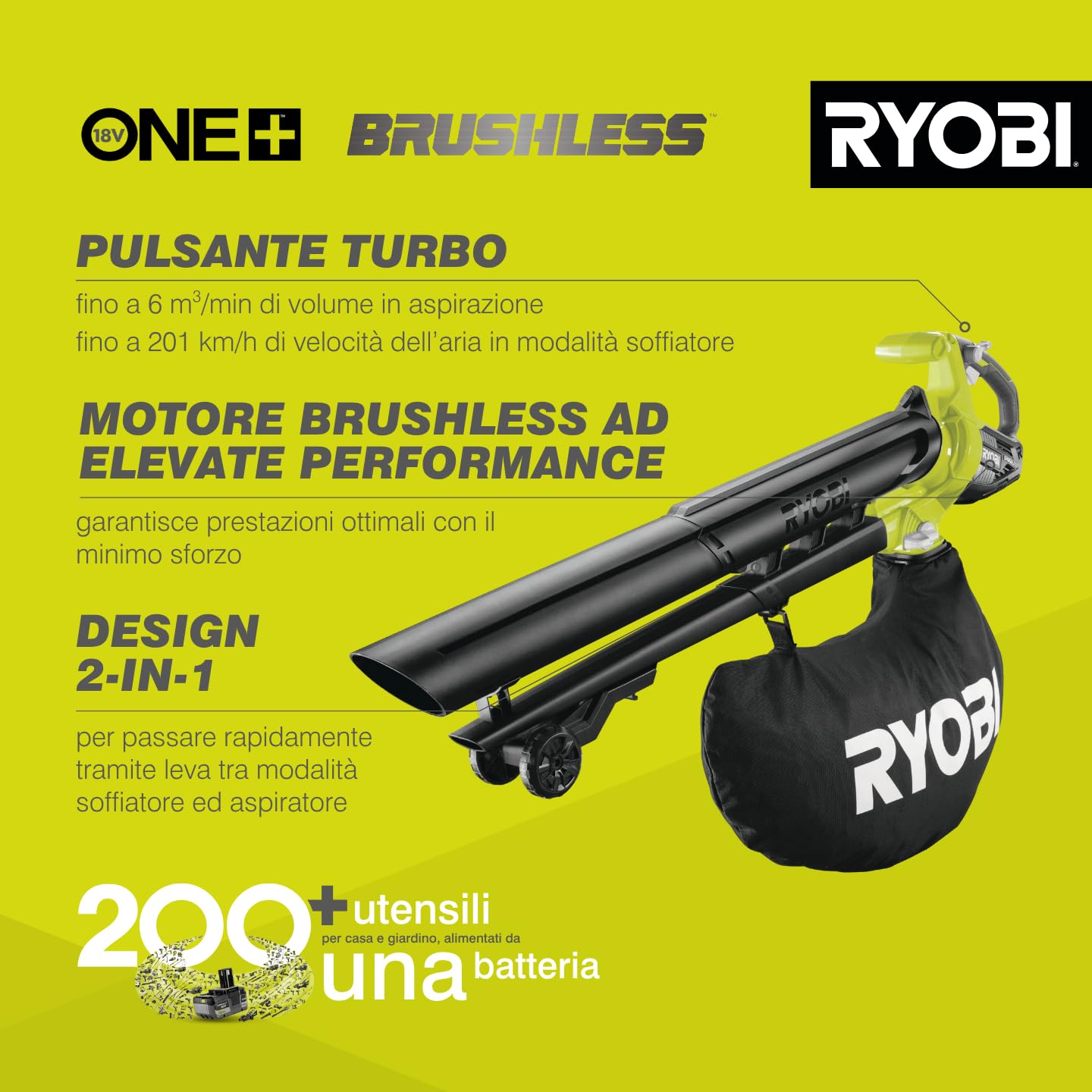 Ryobi Soffiatore Aspiratore Brushless a Batteria 18V ONE+, Aspiratore e Soffiatore 2-in-1, con Lame Metalliche Tritura Foglie, Sacco di Raccolta Incluso, Batteria Non Inclusa, OBV18