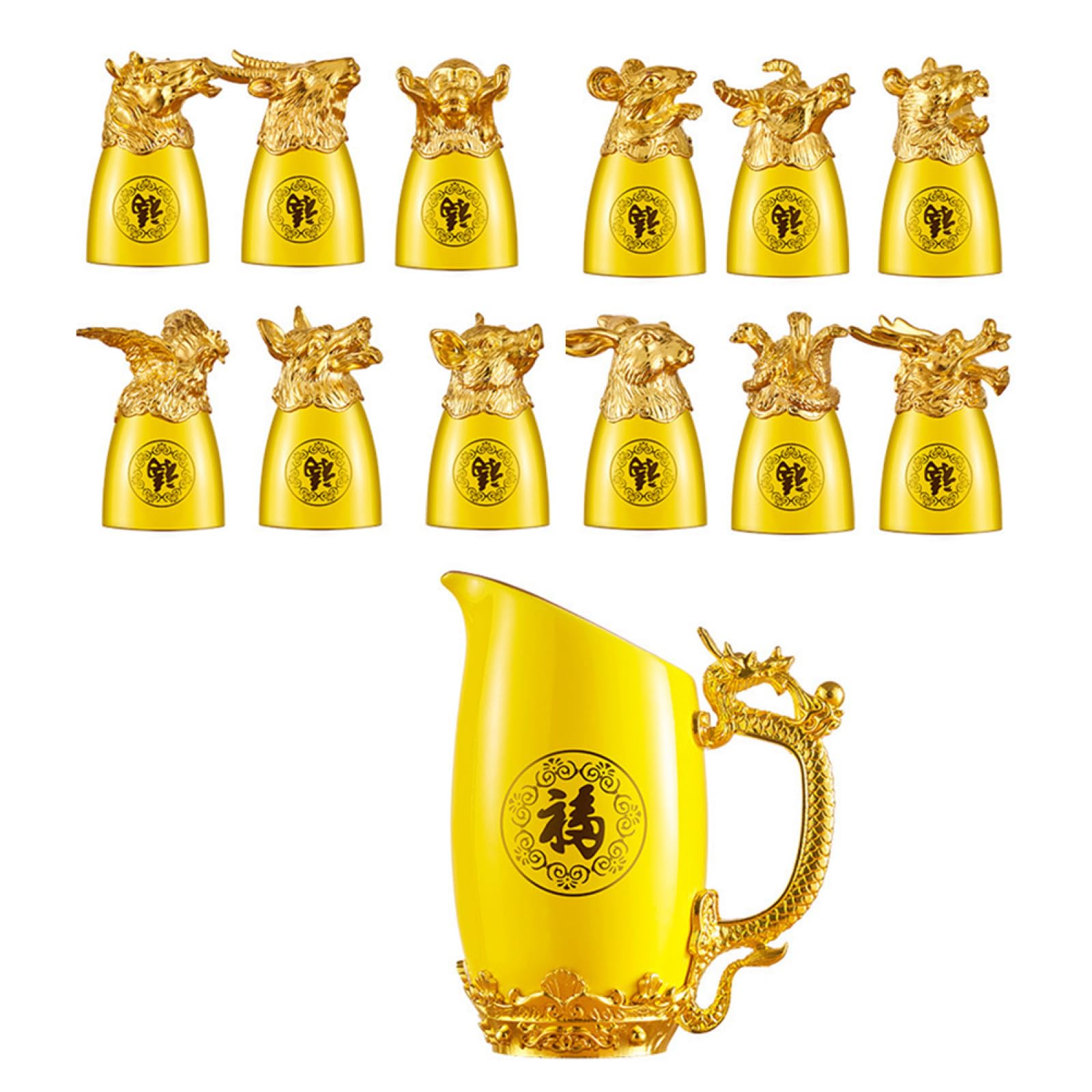 Cabilock 1 Juego Juego de Vino del Zodiaco Chino Vasos bañados en Oro Vasos de Licor de Whisky Kit de Bebida de Licor de cerámica Copa de Licor del Zodiaco Dorado Frasco dispensador de Agua