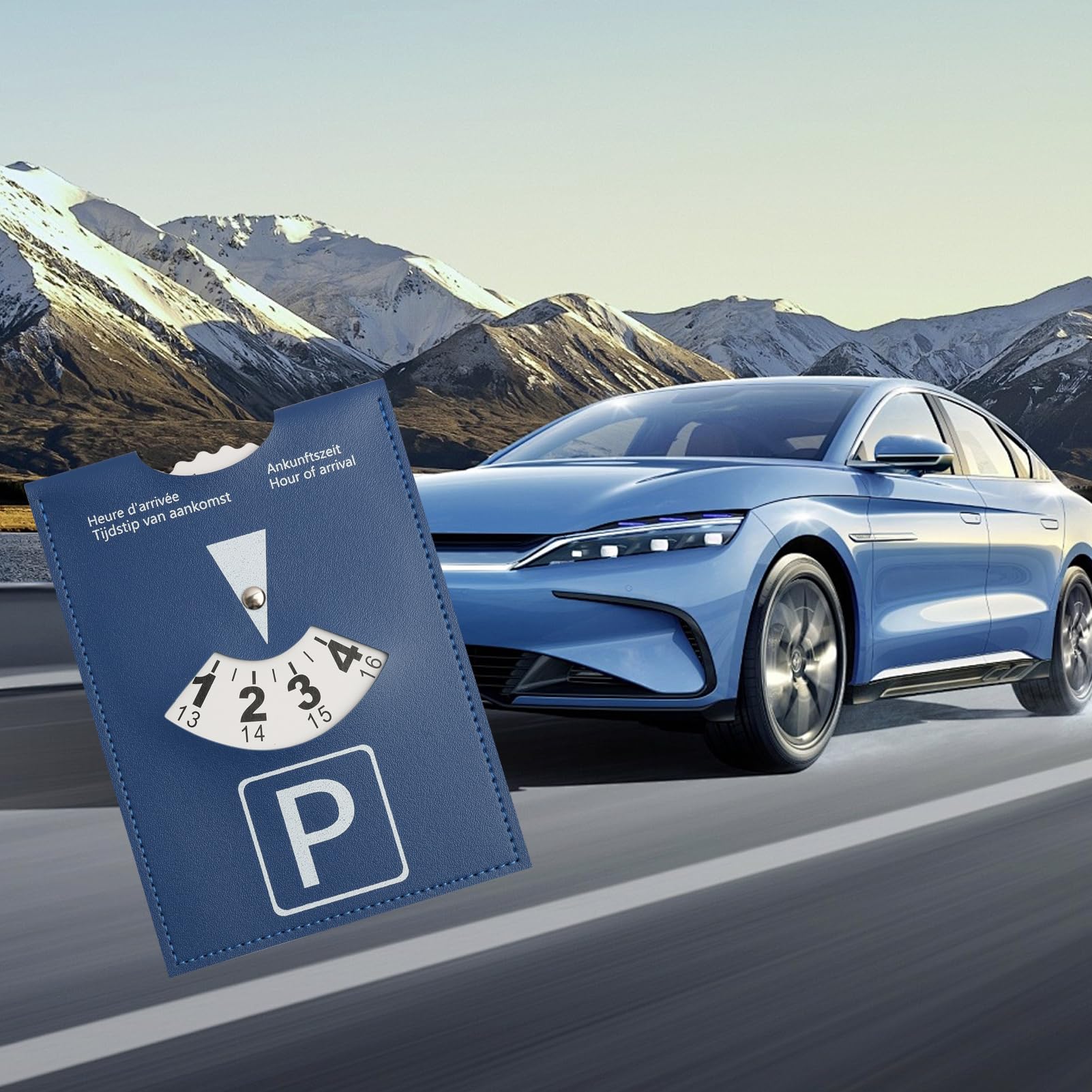 Disco Horario de Lujo Grande para Estacionamiento, Modelo Europeo Multilingüe, en Cuero Sintético Suave al Tacto, 11x15cm, para Coche, Moto y Autocaravana，Azul
