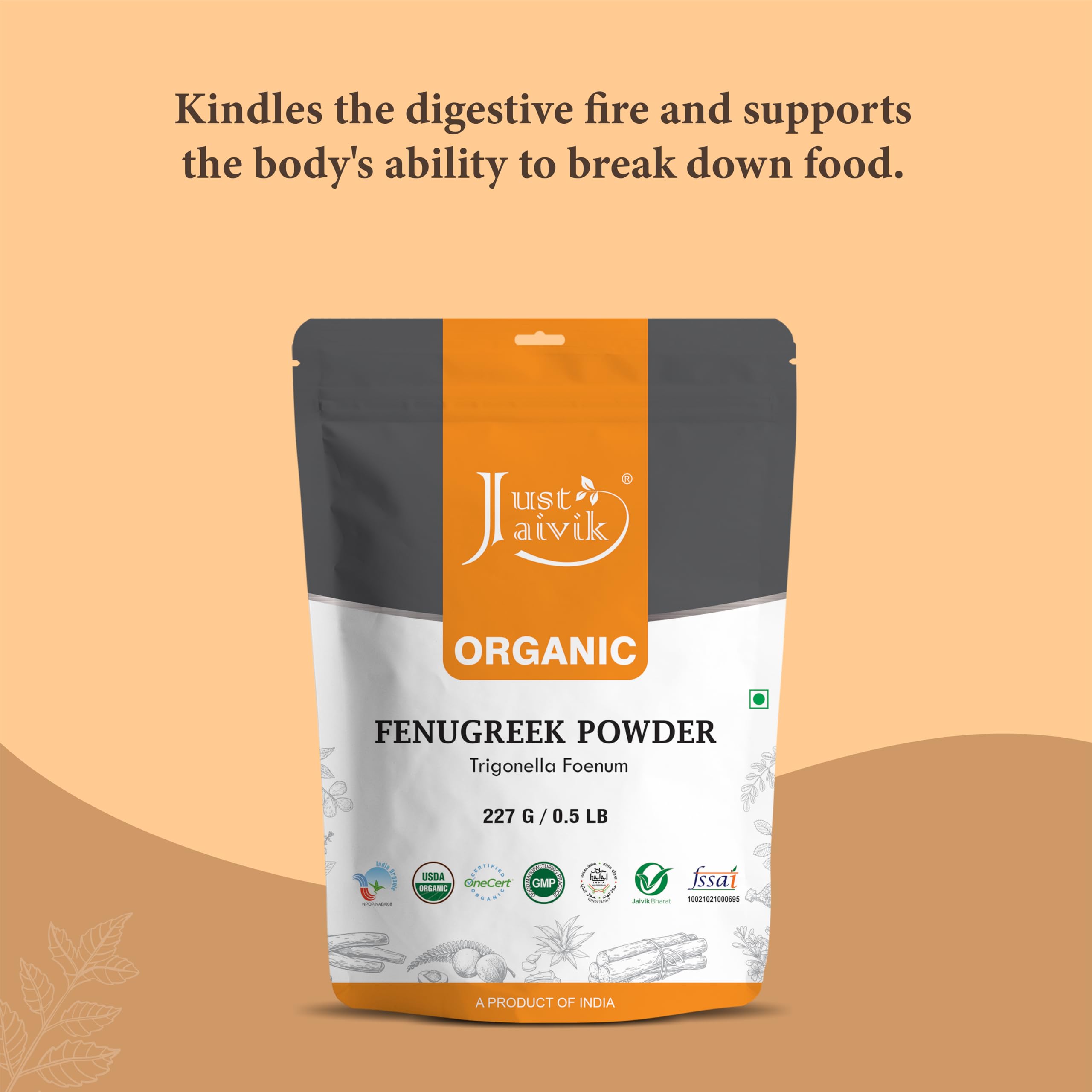 Just Jaivik 100% Organic Fenugreek Powder 0.5 lb / 227 gm / 08 oz | Trigonella Foenum Methi Powder | Supports Healthy Digestive System & Boosts Immunity | USDA Certified Organic