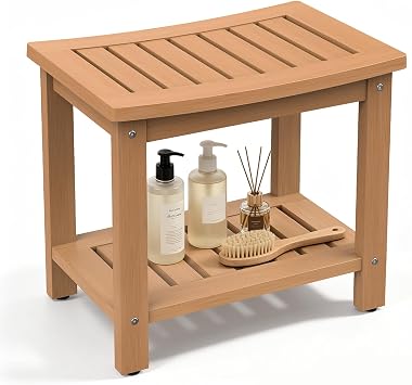 Psilvam 21" Poly Lumber Shower Bench Seat, Waterproof Shower Stool, Teak | Non-Slip Shower Stool with Storage Shelf, Extra Wide Bathroom Inside Shower Chair Indoor Outdoor Use for Living Room Bedroom
