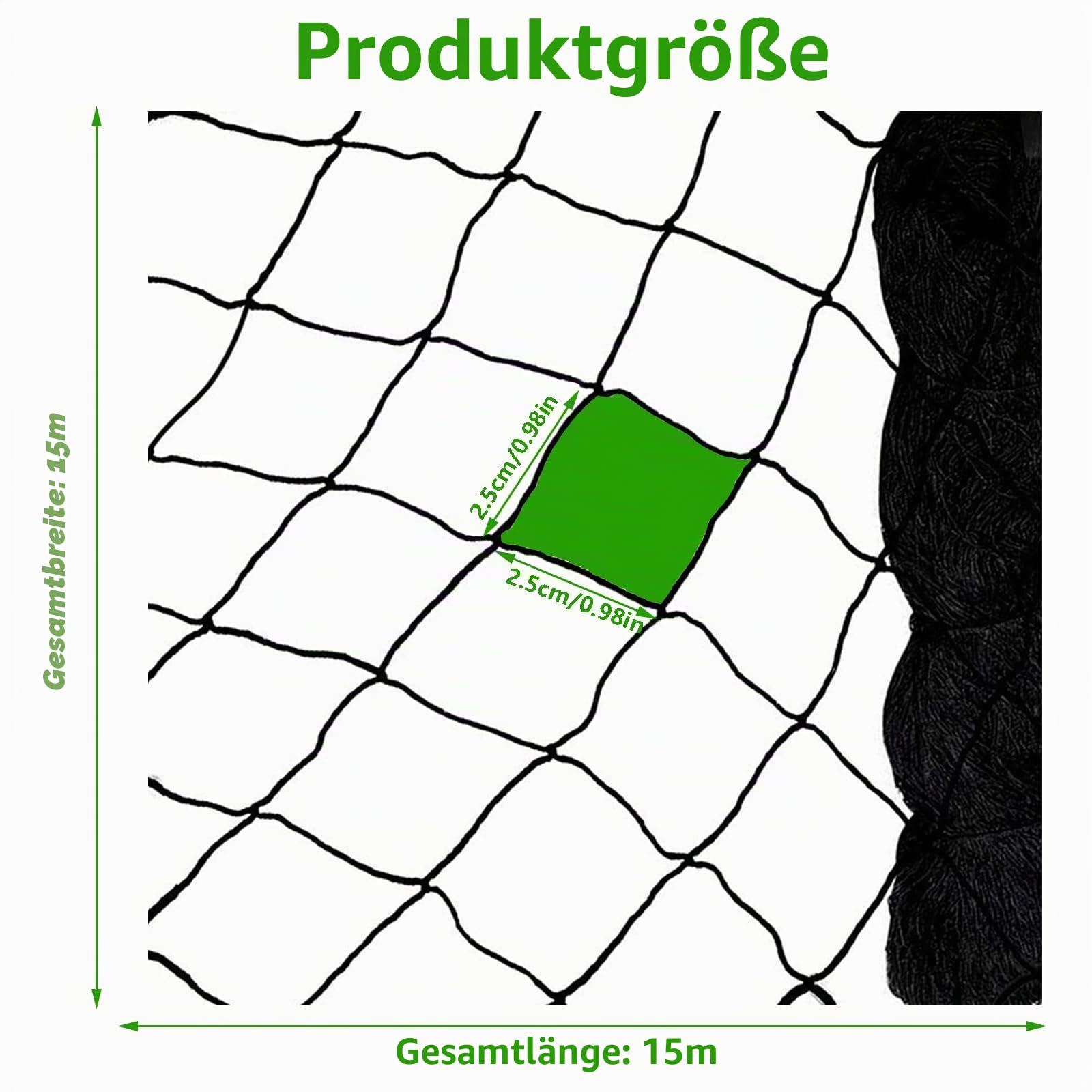 Vogelschutznetz 15 m x 15 m, Vogelnetz Schwarz, Volierennetz