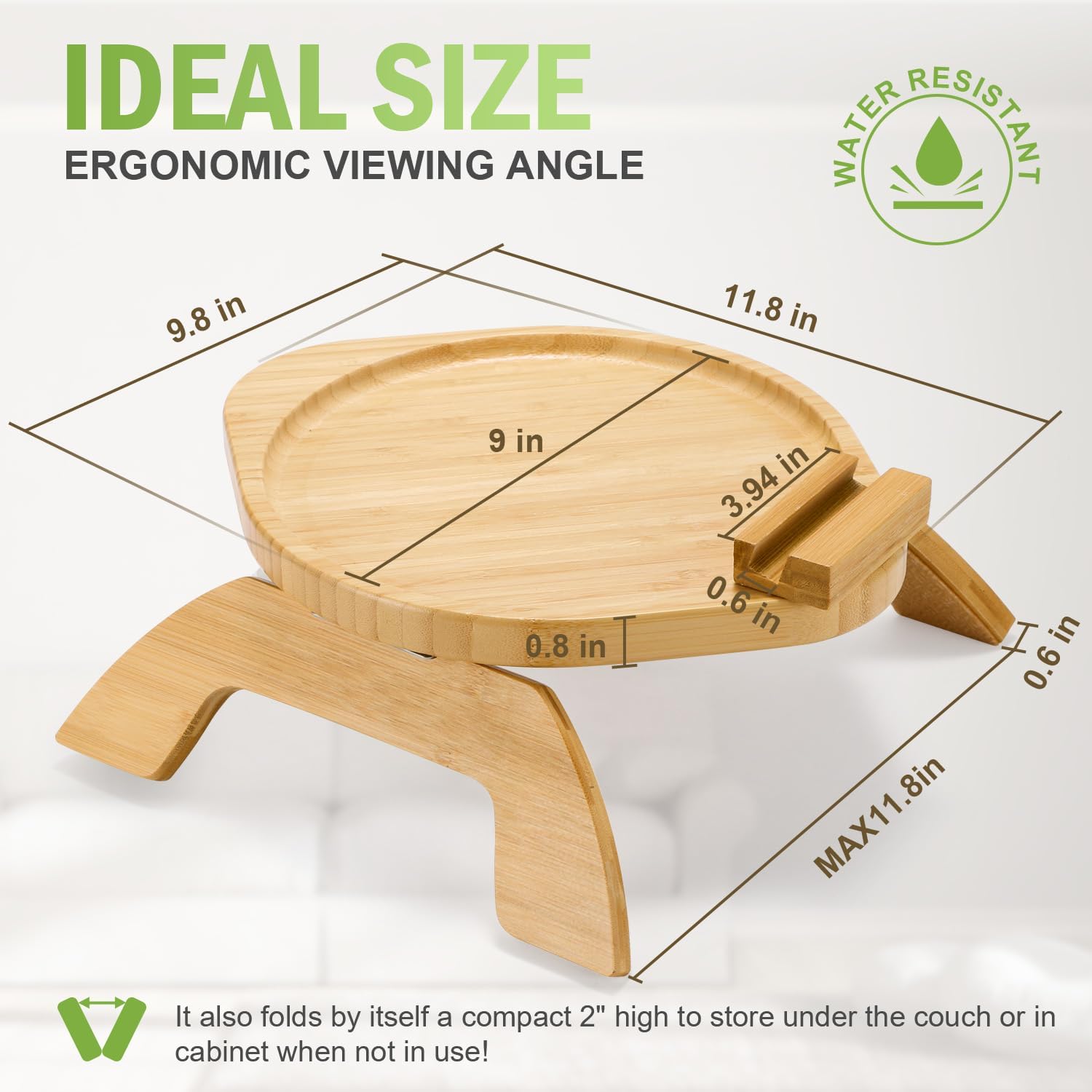 Couch Arm Tray Table,Bamboo Sofa Side Tables Clip-on Couch with 360° Phone Holder,Foldable Sofa Armrest Tray for Eating,Drink, Snacks, Coffee, TV,Remote - Image 5