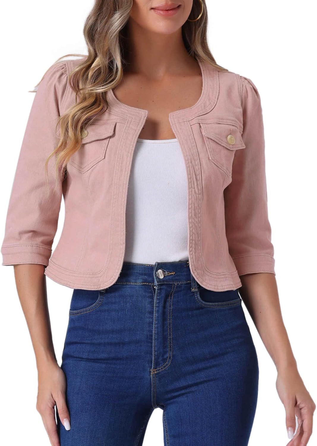 Denim cardigan jacket for women, 3/4 sleeve, collarless