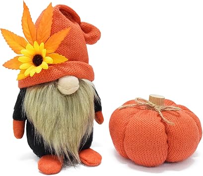 Attiigny Harvest Autumn Pumpkin Gnome Decoration,Handmade Festival Knitted Tiered Tray Ornament Plush Santa Gonk,Fall Holiday Party Decor Gnomes Gifts for Friends,Family