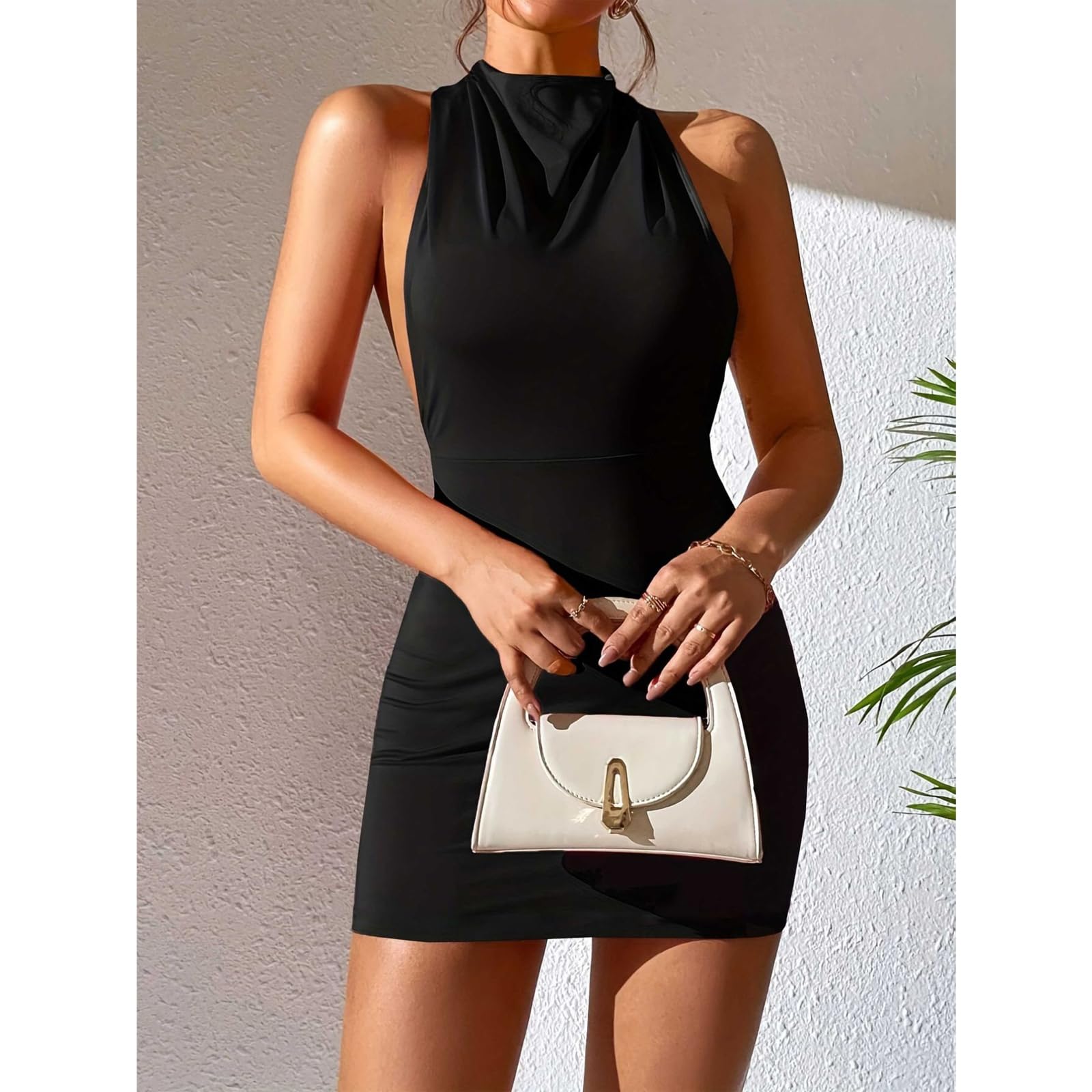 Vestito Sexy Donna Nero Mini Abito Senza Maniche Vestito Senza Spalline Elegante Schiena Scoperta Corto Tubino Abito da Sera Aderente Estivo Bodycon Abitos per Cocktail Discoteca Party Club Festa