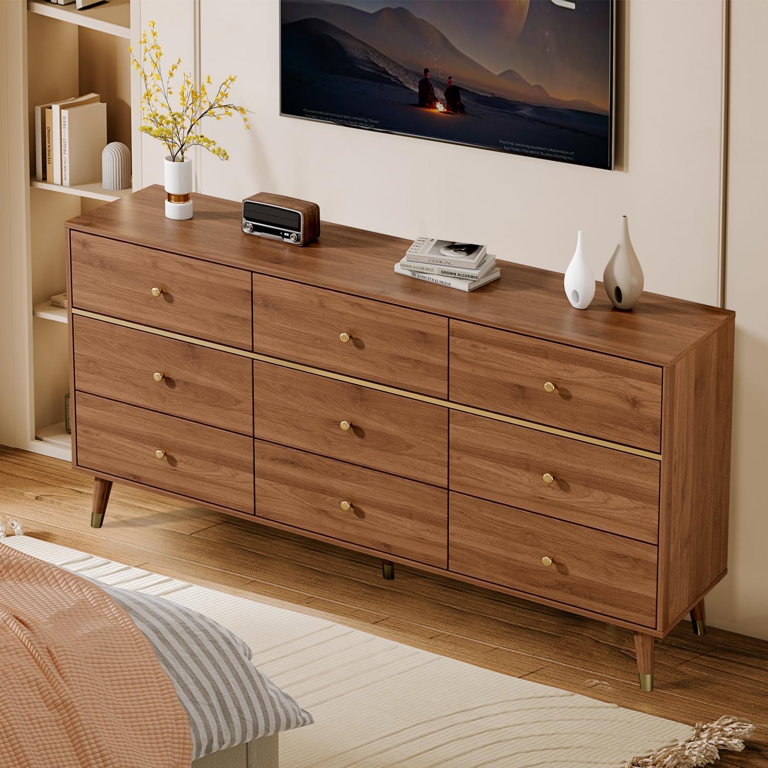 Chrangmay 9 Drawer Dresser,63" Wide Mid Century Modern Chest of Drawers,Wooden Bedroom Drawer Dresser with 9 Storage Drawers for Bedroom, Living Room,with Anti-Tipping Device,Brown