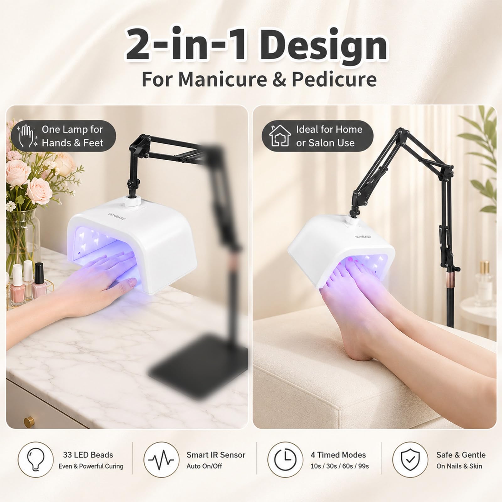 Lampa UV do Stóp ze Stojakiem, Suszarka do Paznokci Żelowych do Pedicure | Lampa do Pedicure 48 W z Akumulatorem, 33 Diody LED, Czujnik IR, 4 Timery i Odłączany Stojak Podłogowy