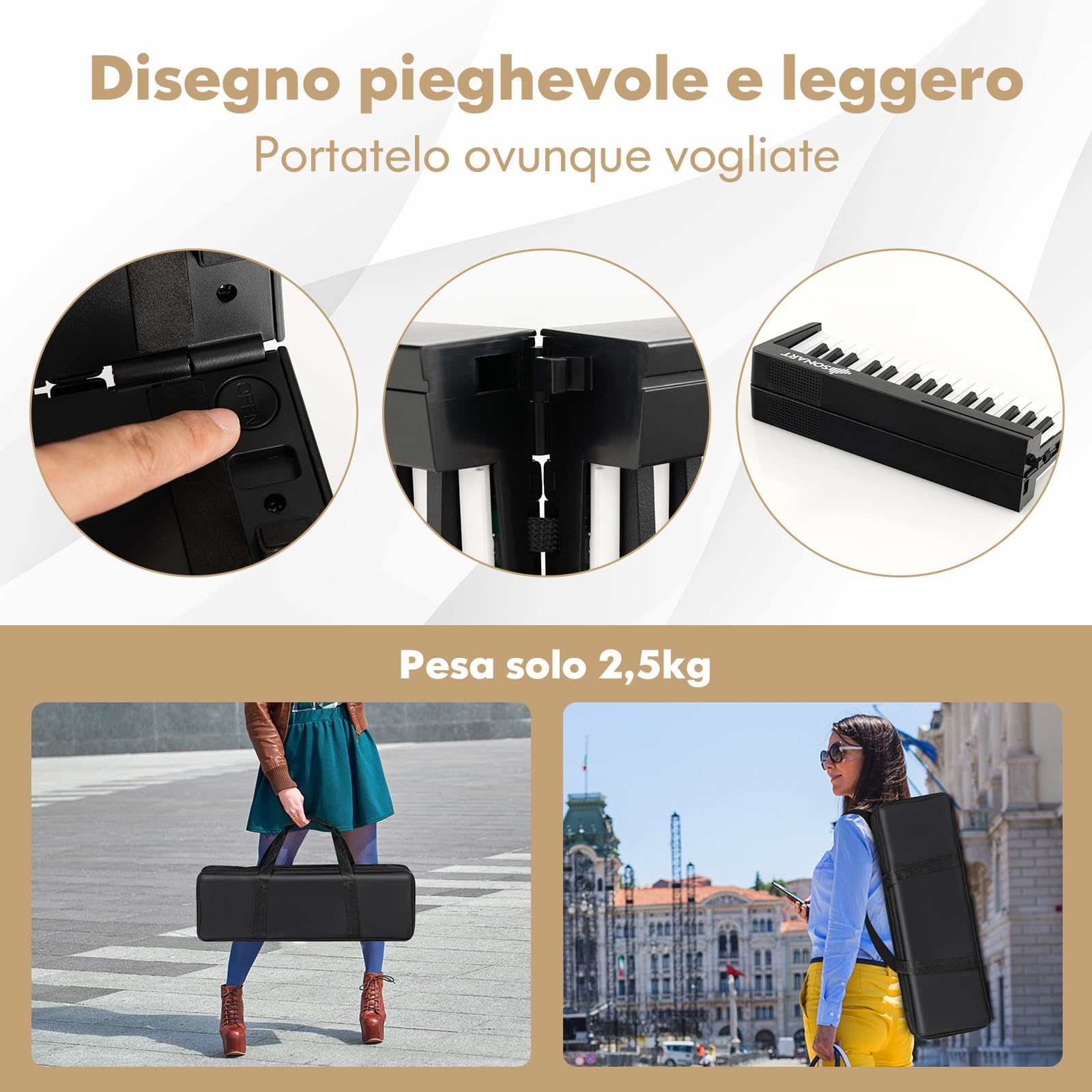 COSTWAY Pianoforte Digitale Pieghevole 61 Tasti, Tastiera Elettronica Portatile, con Tasti a Grandezza Standard Leggio Pedale Sustain MIDI Bluetooth e Borsa, per Principianti Bambini Adulti, Nero