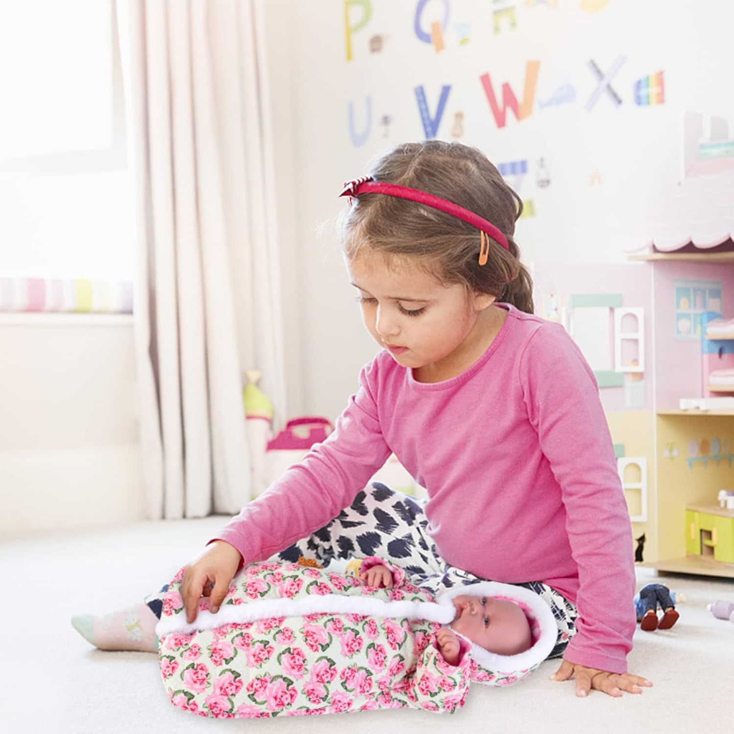 Doll Jumpsuit Sleeping Bag Handmade Doll Clothes Hooded Romper Pink Rose Winter Hoodie Doll Accessory Soft Thick Swaddle Blanket Fit for 18" Dolls (Doll not Included)