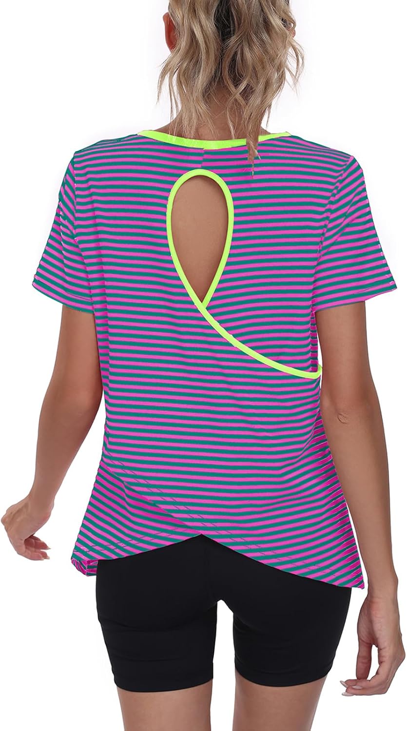 Kimmery Striped Open Back Workout Tops for Women Breathable Short Sleeve Athletic Shirts with Asymmetric Hem for Gym & Yoga