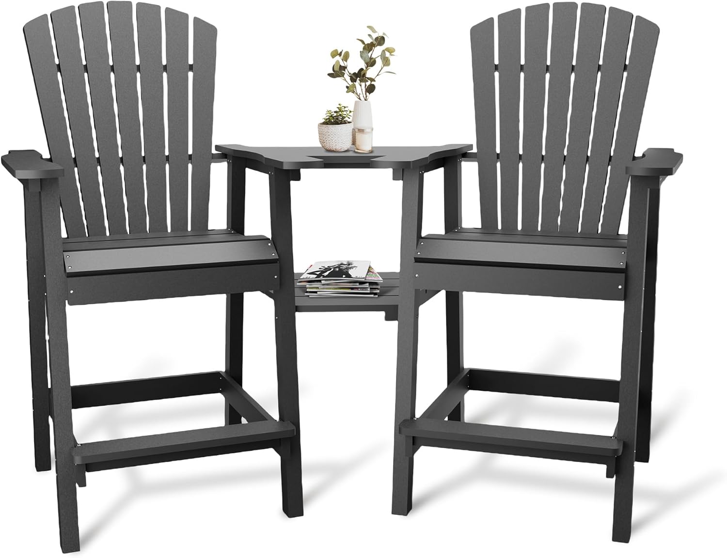 Outdoor Recycled Poly Adirondack Barstools with Connecting Tray, Tall Adirondack Chairs Bar Chairs for Deck, Balcony, Backyard, Patio Bar Stool Chair with High Back Weather Resistant Set of 2
