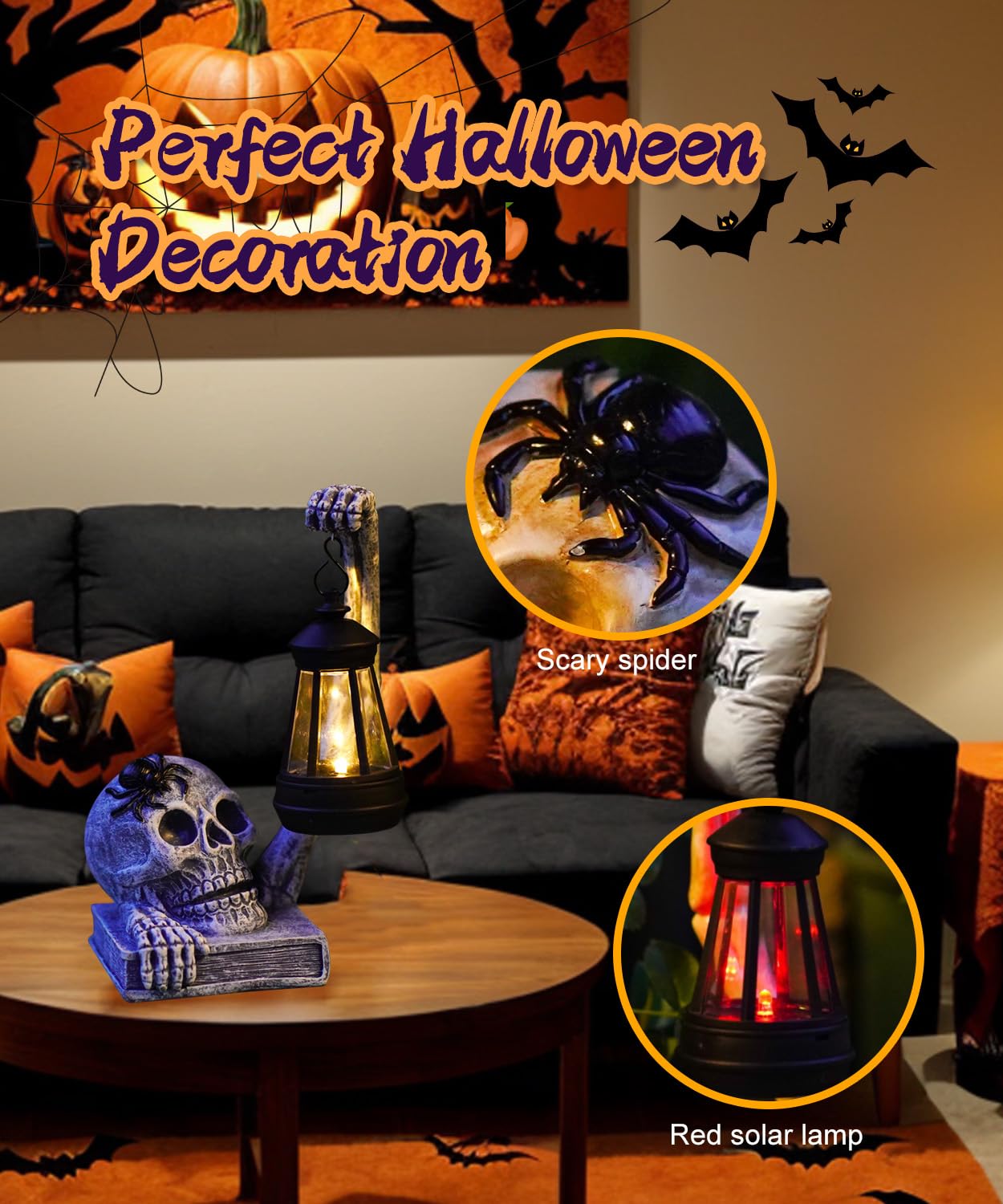 Yeomoo Totenkopf Mit Solarlampen - Halloween Deko für Outdoor Innen, Schädel Solar Figuren, Horror Geschenke für Frauen Männer, Skull Deko für Garten, Balkon, Tisch, Wohnzimmer - Grau