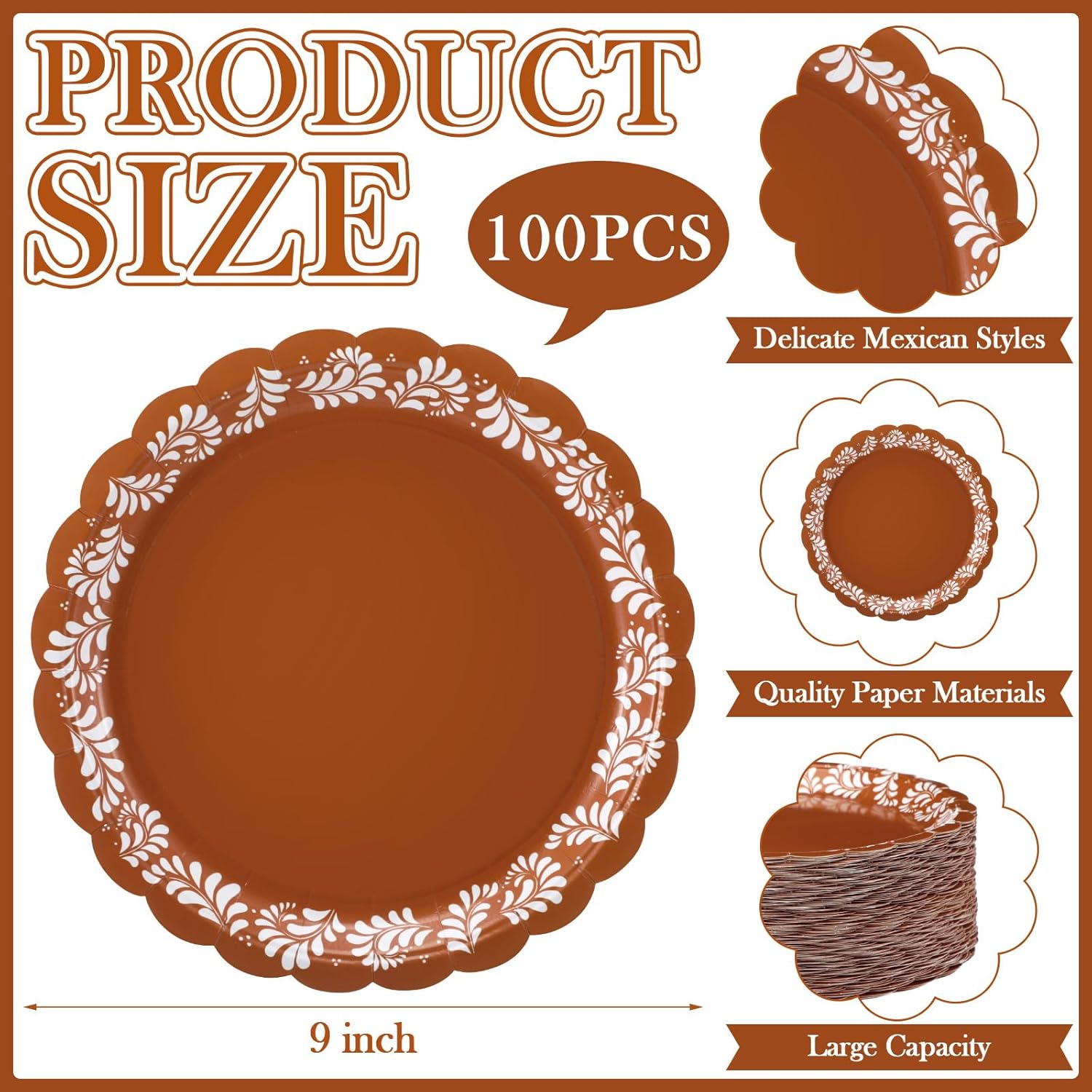 AmazingSpark 100 Pcs 9 Inch Brown Cielito Lindo Paper Plates Platos De Barro Mexicanos Fiesta Party Plates Mexican Talavera Disposable Dishes for Baby Shower Birthday Wedding Supplies Decoration