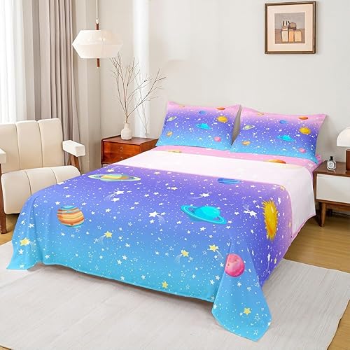 Outer Space - Juego de sábanas de tamaño individual para niñas y niños, arcoíris, galaxia, estrellas, planeta, juego de sábanas kawaii pastel, rosa,