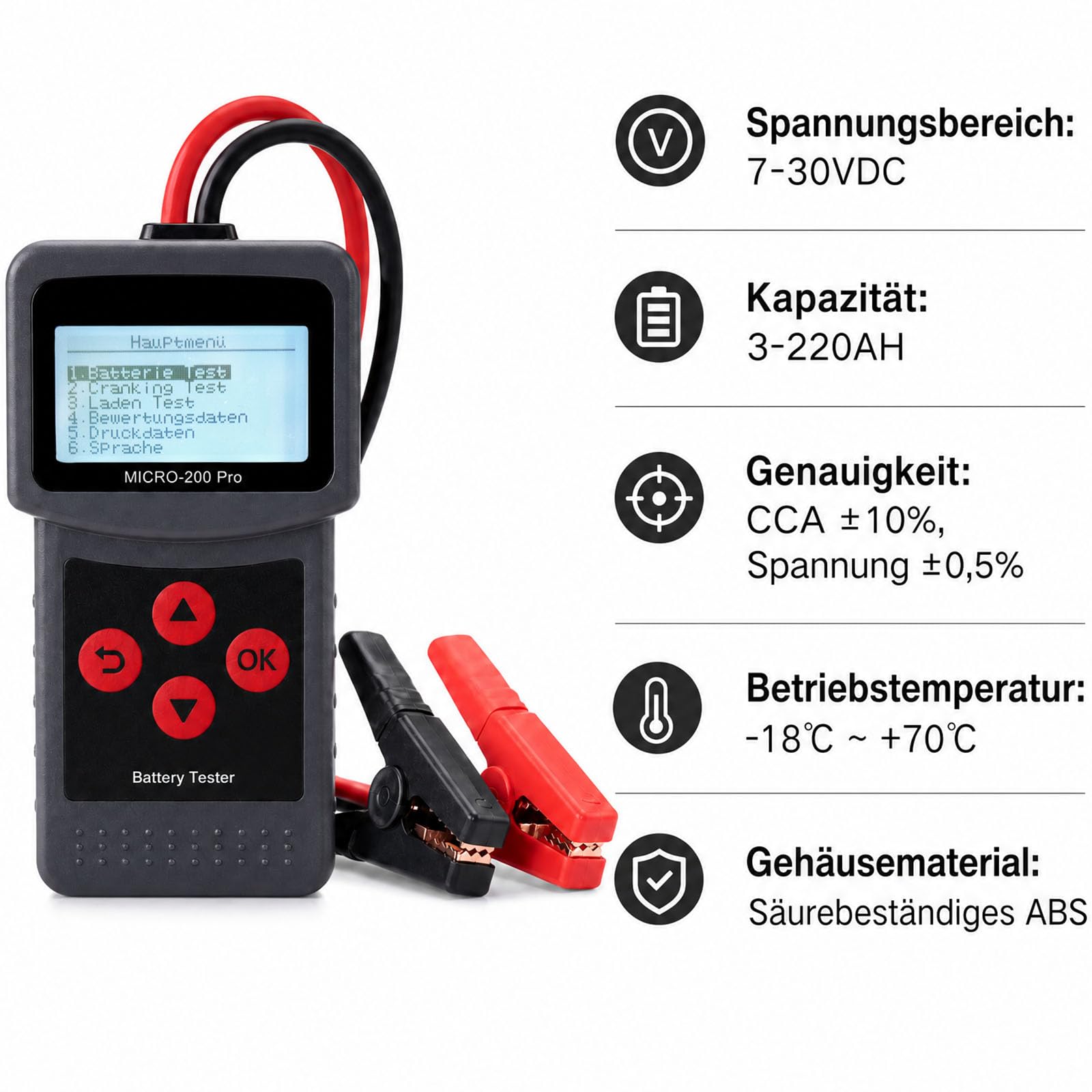 Etrogo Tester akumulatora samochodowego 12 V, 24 V, 40-2000 CCA 3 AH-220 Ah, test rozruchu, dane do druku do samochodu Moto Boot (francuski, angielski, niemiecki, hiszpański)