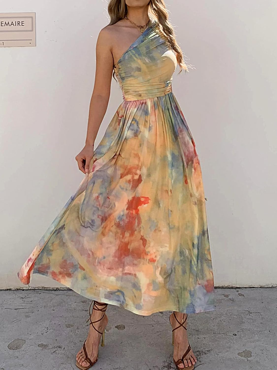 Women Summer One Shoulder Maxi Dress Sleeveless Ruched Mesh Long Beach Vacation Floral Sundresses Wedding Guest Dress - Image 2