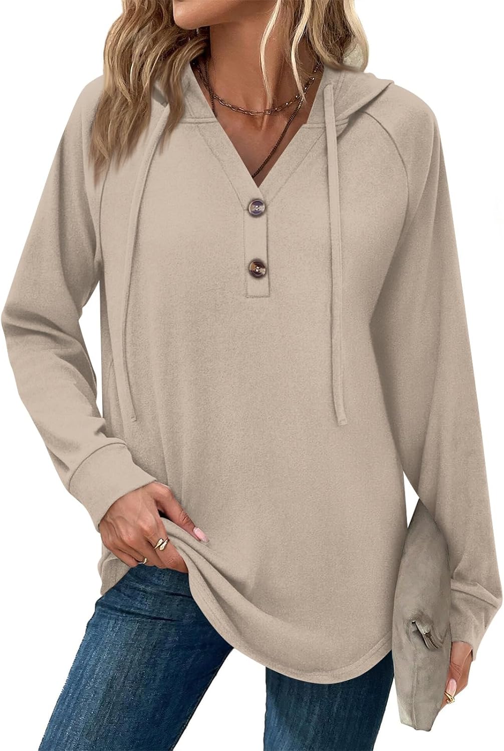 slqdgmryz Womens Hoodies Trendy Lightweight Button V Neck Sweatshirt Vintage Curved Hem Cute Long Sleeve Tops Hoodie Women - Image 4