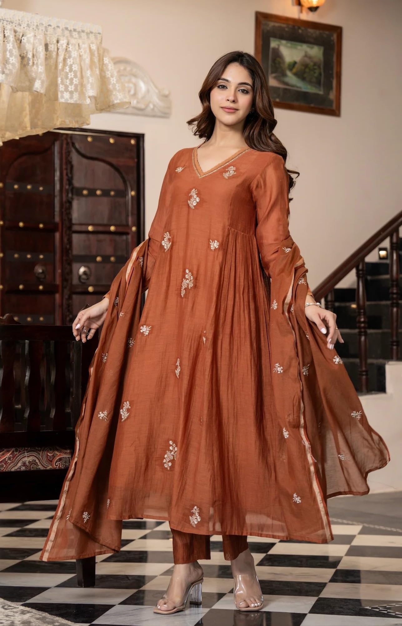 HSD Indisches Anarkali-Anzug-Set für Damen, ethnisch, bestickt, lang, ausgestellt, Kurti mit Dupatta und Hose