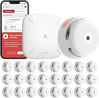 X-Sense Detector de Humo WiFi, Alarma de Incendio Inteligente con Notificaciones App y Silencio Remoto, Certificado EN 14604, 5 Años de Autonomía, Pila Sustituible, FS241 (24 Detectores y 1 Base)