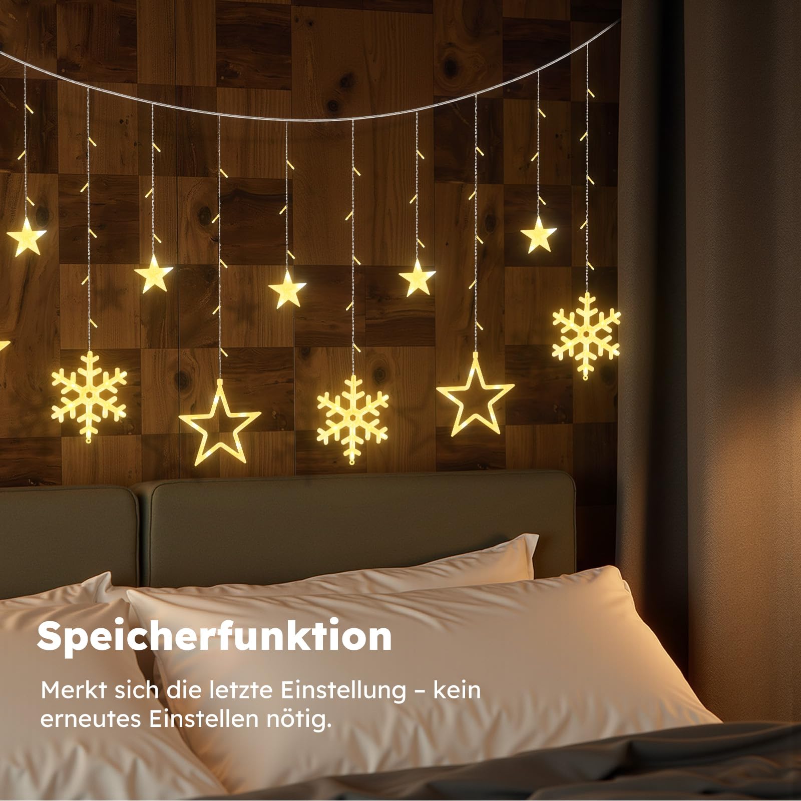 LEDYA LED Lichtervorhang Sterne & Schneeflocken, 1,65 m 138 LEDs Vorhang Lichterkette mit 8 Modi & Timer, Lichter mit Stecker für Weihnachten, Fenster, Schlafzimmer, Hochzeit, Party, Zuhause, Warmweiß