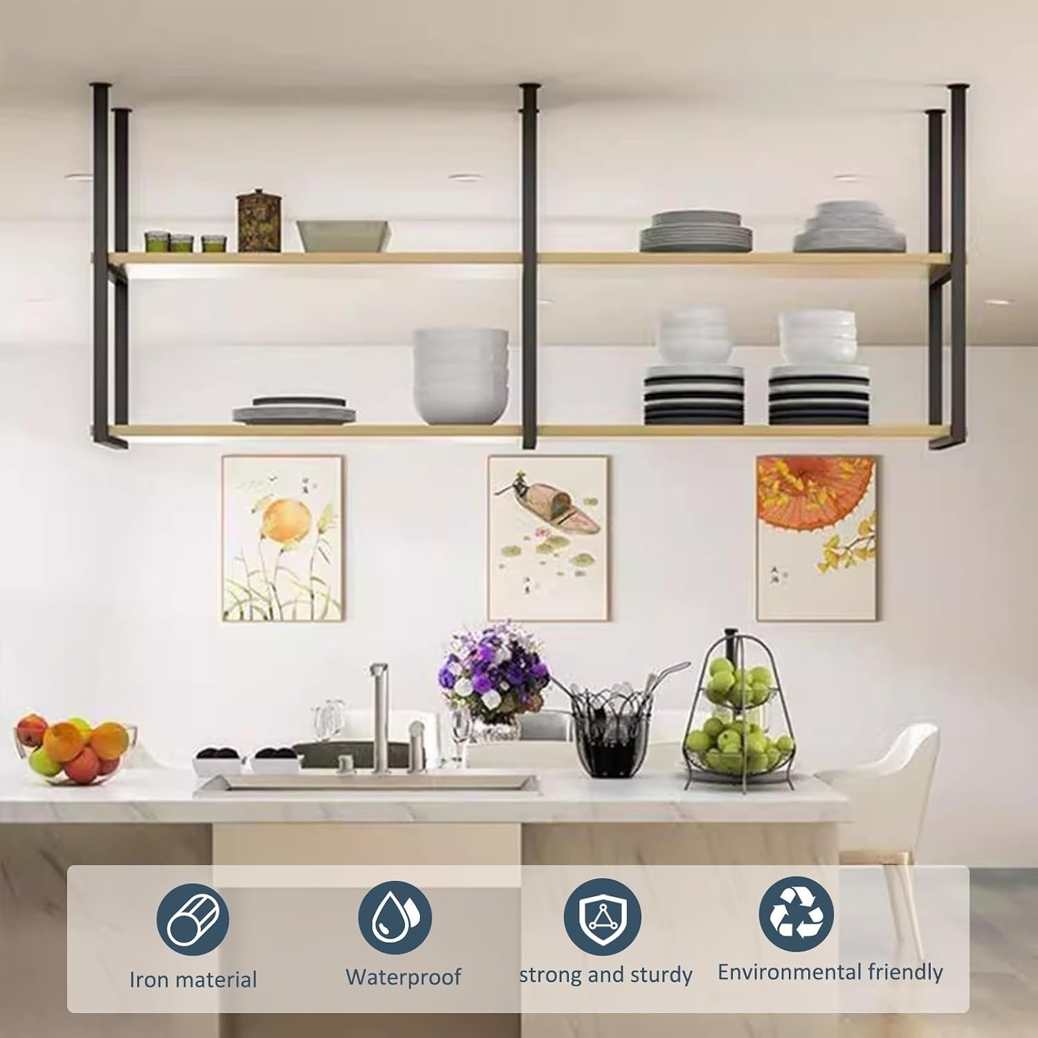 European 2-Layer Floating Ceiling Shelf - Wall-Mounted Storage Rack for Kitchen, Wine Holder & Home Decor - Stylish Organizer (110x30x80cm)