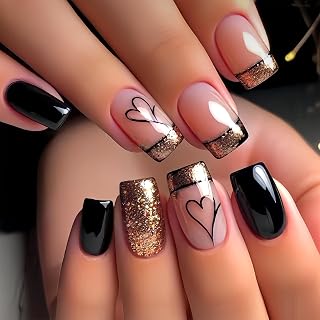 Gold Glitter French Tip Press on Nails Medium Square Fake Nails Black Heart Acrylic Glue on Nail Glossy Reusable Full Cover Artificial Stick on Nail for Women DIY Manicure