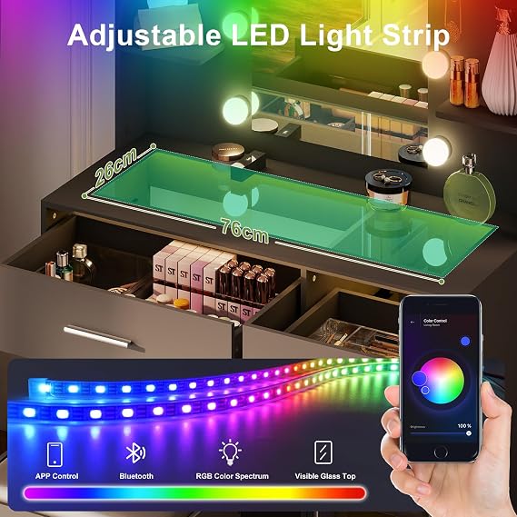 YOSHOOT Dressing Table with LED Lighting Mirror, Glass Top Charging Station, Vanity Table with 2 Drawers, Side Cabinet, Makeup Desk with Upholstered Stool for Cloakroom and Bedroom,90*40*140cm（Black）