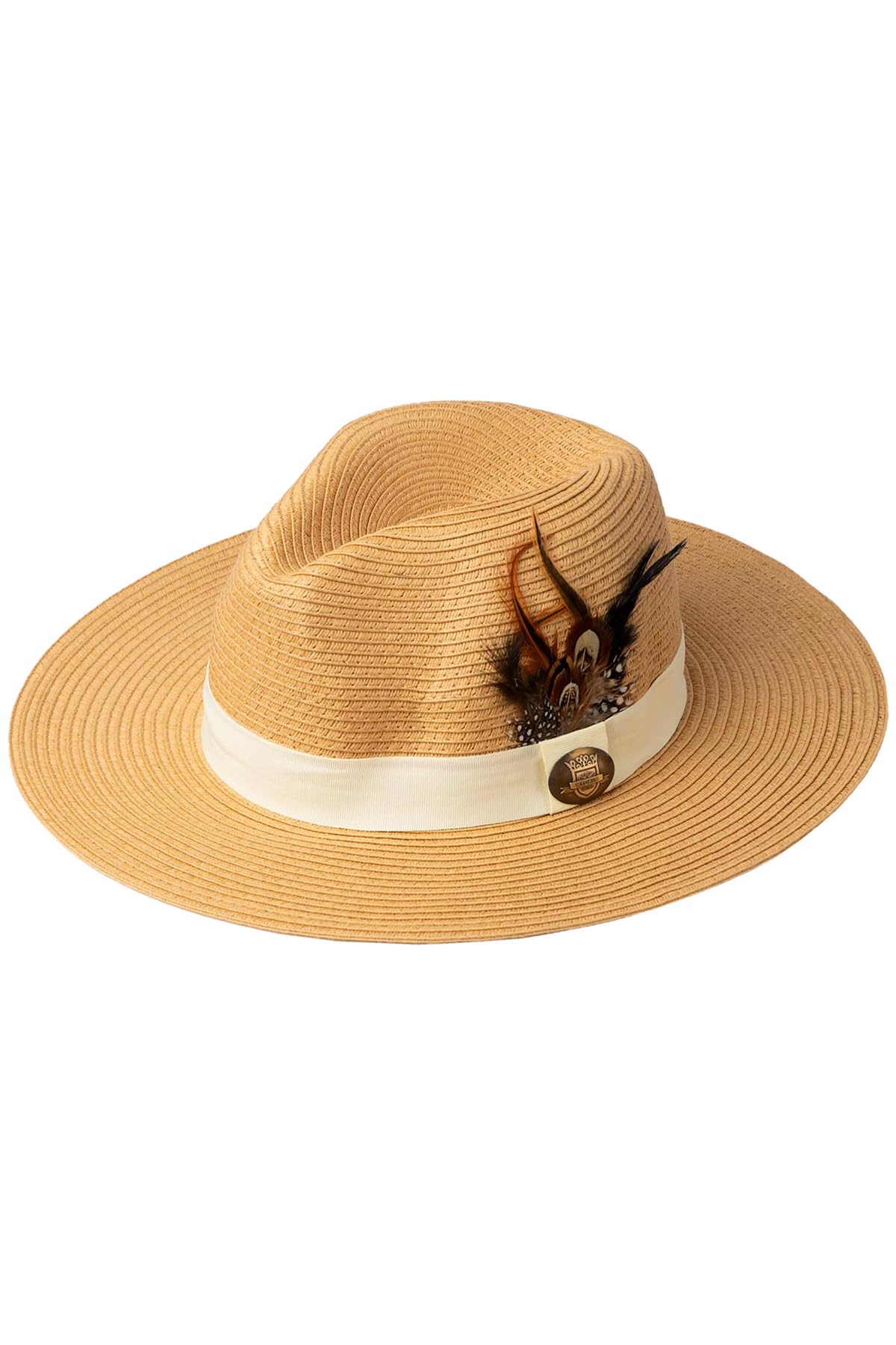 Rydale Ladies Panama Hat with Feather Womens Summer Fedora Hats Trilby Headwear (as8, Alpha, m, Beige)