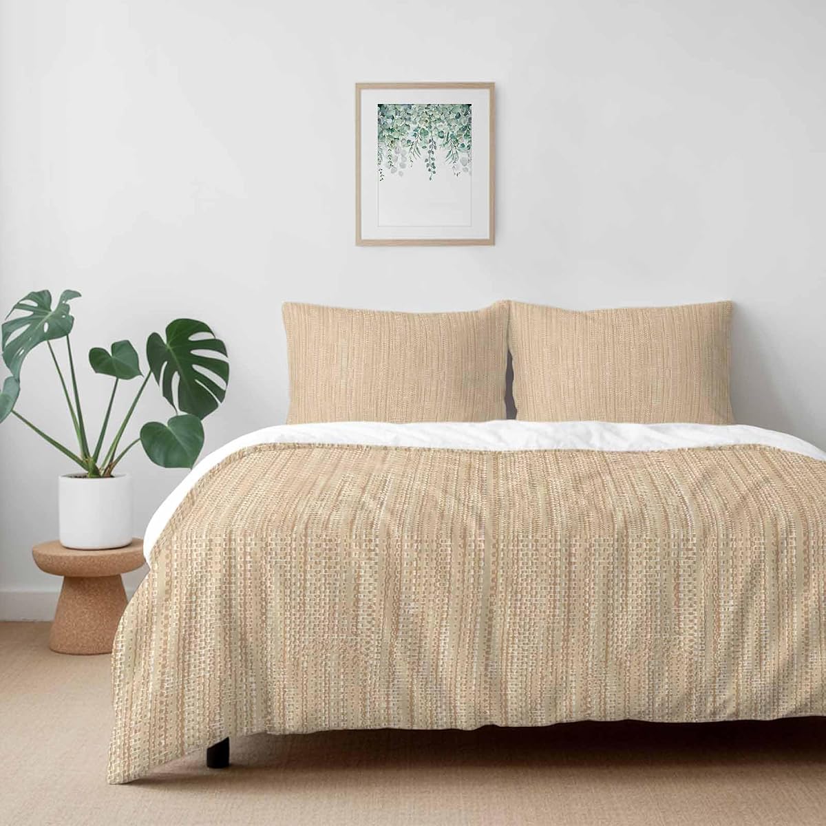 Full Duvet Cover Set 4 Piece, Minimalist Light Khaki Soft Breathable Bedding Set with Pillow Shams Flat Sheet, Crosshatch Linen Textured Bed Comforter Cover Sets