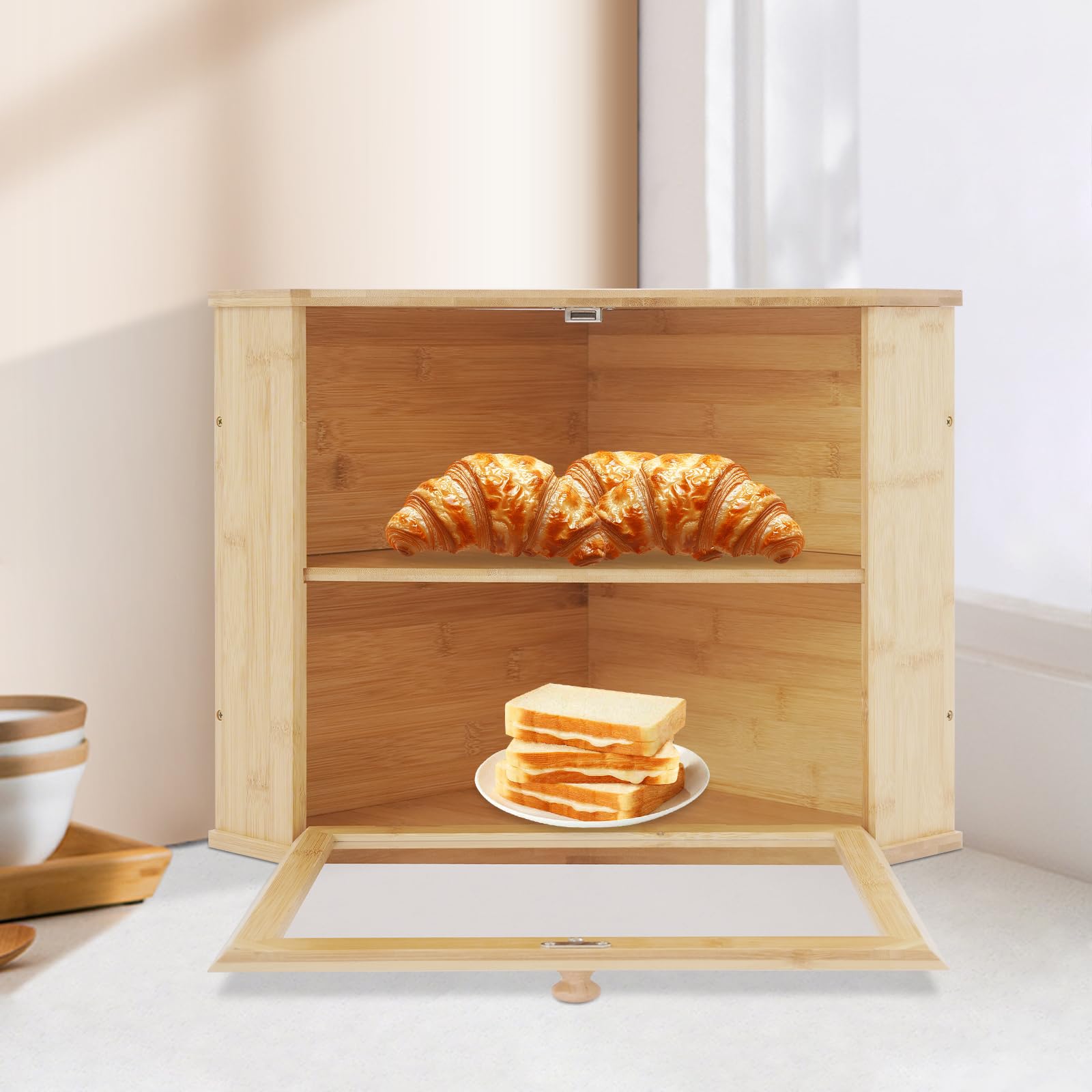 Dwuwarstwowy chlebak, trójkątny design, na blat kuchenny, bambusowy pojemnik na chleb z magnetycznymi drzwiami i okienkiem, wodoodporny i odporny na pleśń, na chleb, muffinki (kolor drewna)