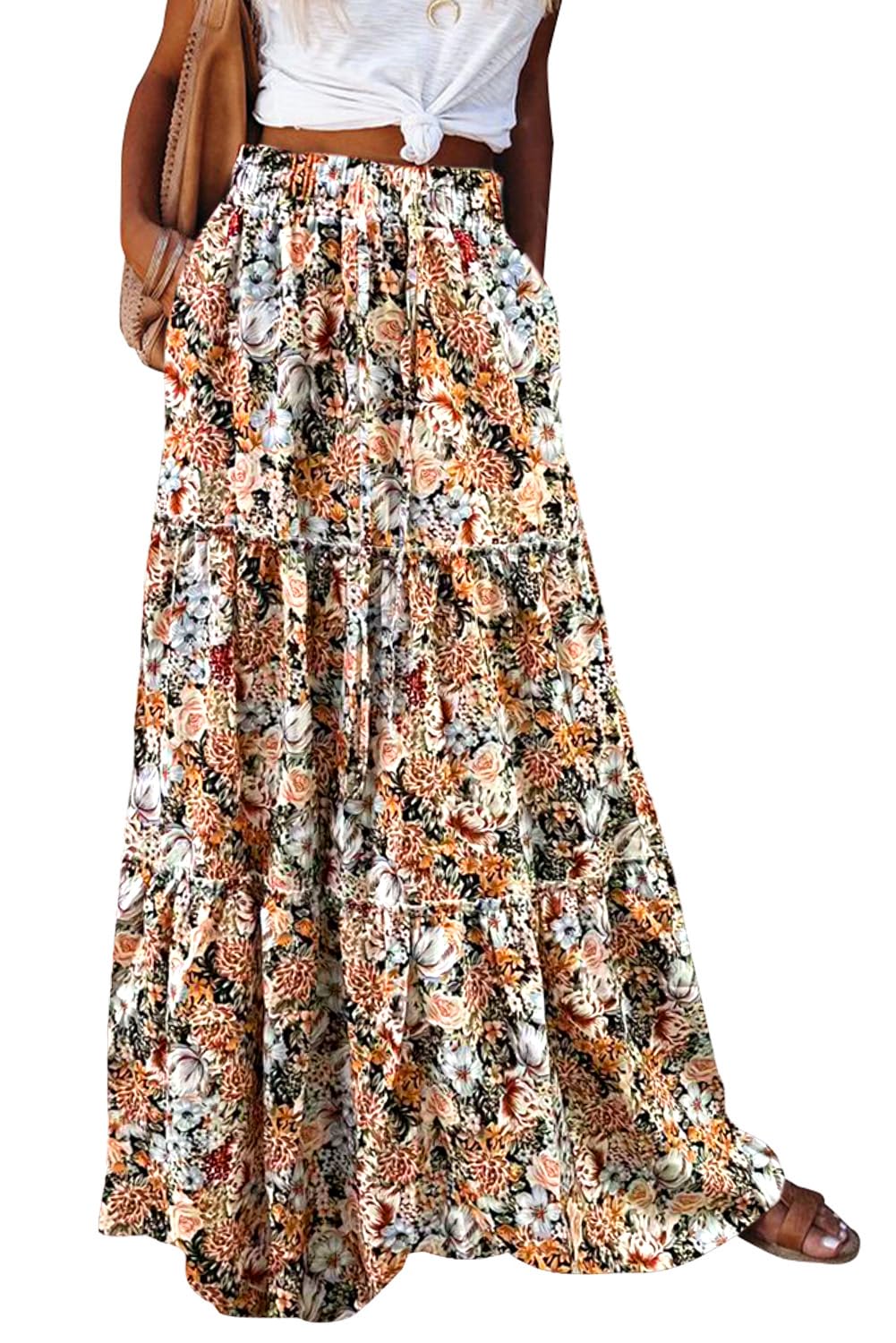 Byoauo Women Maxi Skirt Boho Elastic Waist A-Line Pleated Swing Long Skirt with Pockets