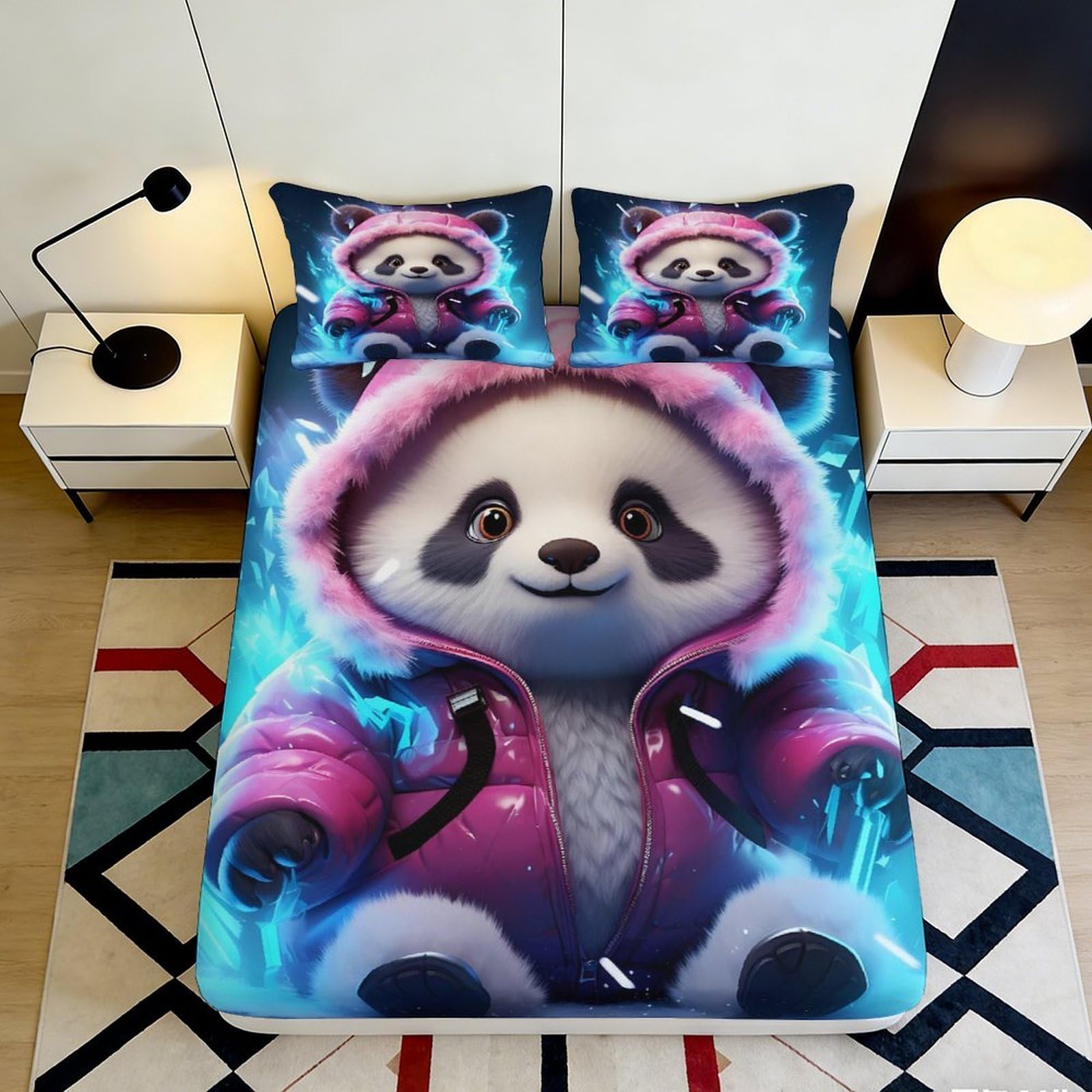 3D Printed Cartoon Panda Fitted Sheet Microfiber Soft Decor Animal Bed Sheet for Bedroom Dorm Guest Room 90x200x25cm