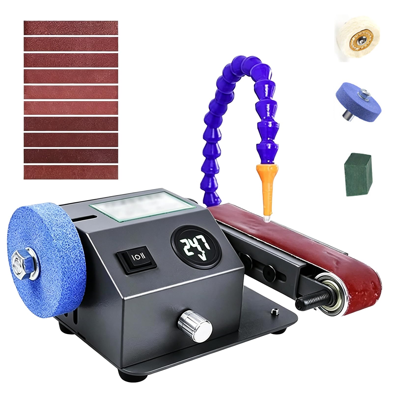 VILA SMO 350w Knife Sharpener With Polishing, Multi-function Sand Belt Machine, Stepless Speed Regulation, 10 Sanding Belts Included, 0-90° Adjustable Swing Arm, For Scissors & Tools