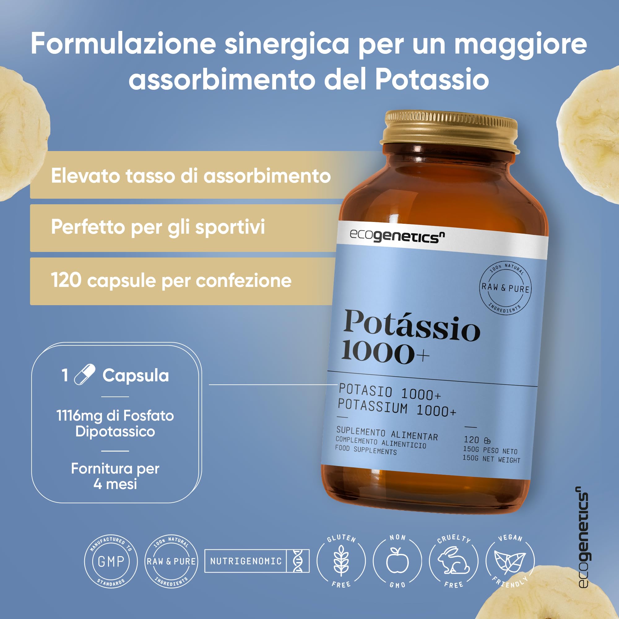 ECOGENETICS - Potasio 1000+ | Potasio en Pastillas, 120 Cápsulas | Suplemento Alimenticio de Fosfato Dipotásico | Fósforo y Potasio | Complemento de Vitaminas y Minerales