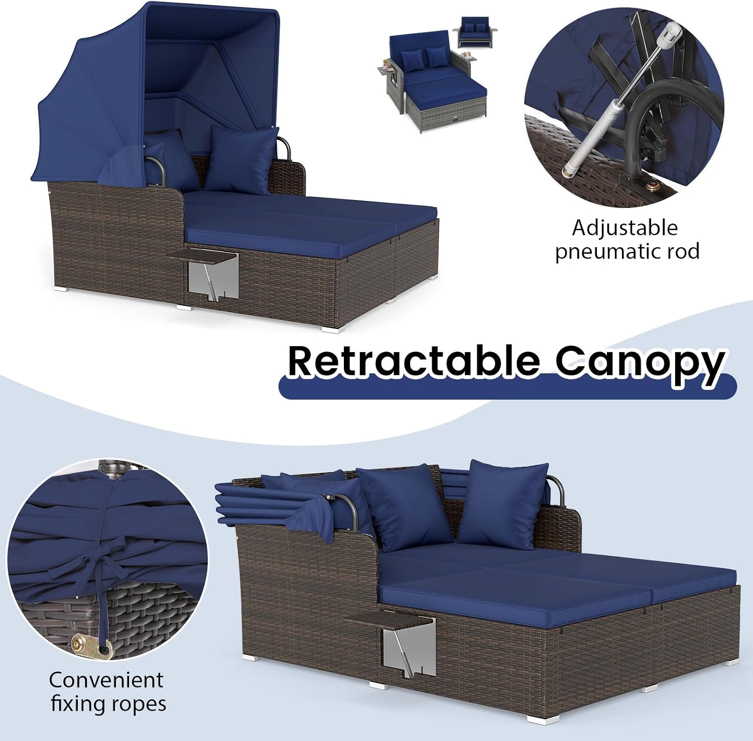 RELAX4LIFE Patio Outdoor Daybed with Canopy, Wicker Rattan Sunbed w/Cushions, 4 Pillows & 2 Retractable Side Trays, 2-Person Lounge Bed Conversation for Poolside Porch Garden (Mix Brown-Navy)