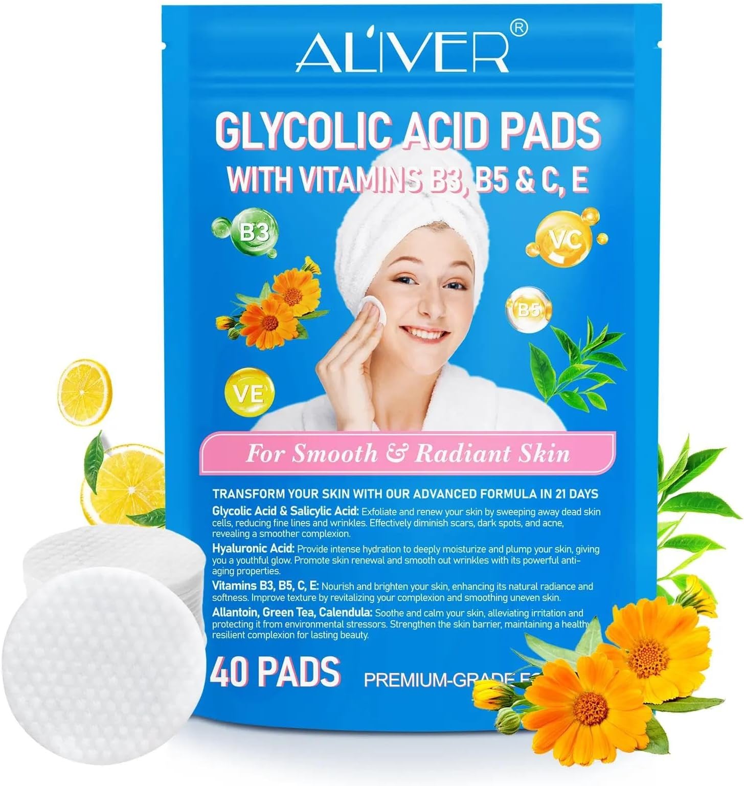 NIKITA.VIVI 40Pcs Glycolic Acid Pads, Smooth And Radiant Skin Glycolic Pads, Reduce Scars Fine Lines Dark Spots Acne Dead Skin & Blackheads with Glycolic Acid Salicylic Acid & Hyaluronic Acid