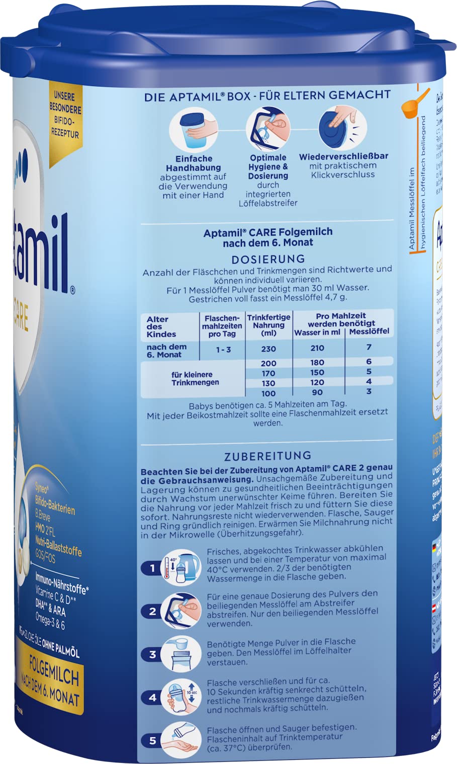 Aptamil Care 2 – Folgemilch nach dem 6. Monat, Mit Omega 3 & 6, DHA & ARA, Ohne Palmöl, Babynahrung, Milchpulver, 1x 800 g (Packung mit 6)