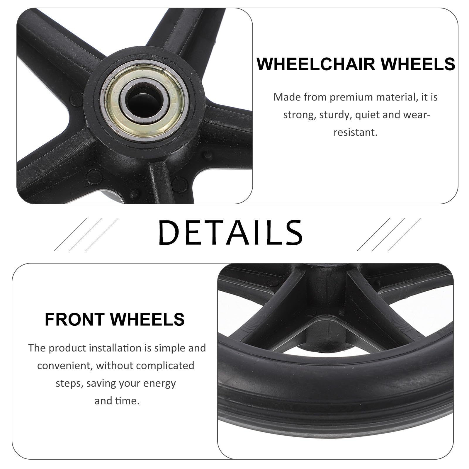 Ruedas Delanteras de Repuesto Fácil Rodaje para Silla de Ruedas Negras Material Abs y Acero, Antideslizantes para Uso Interior y Exterior