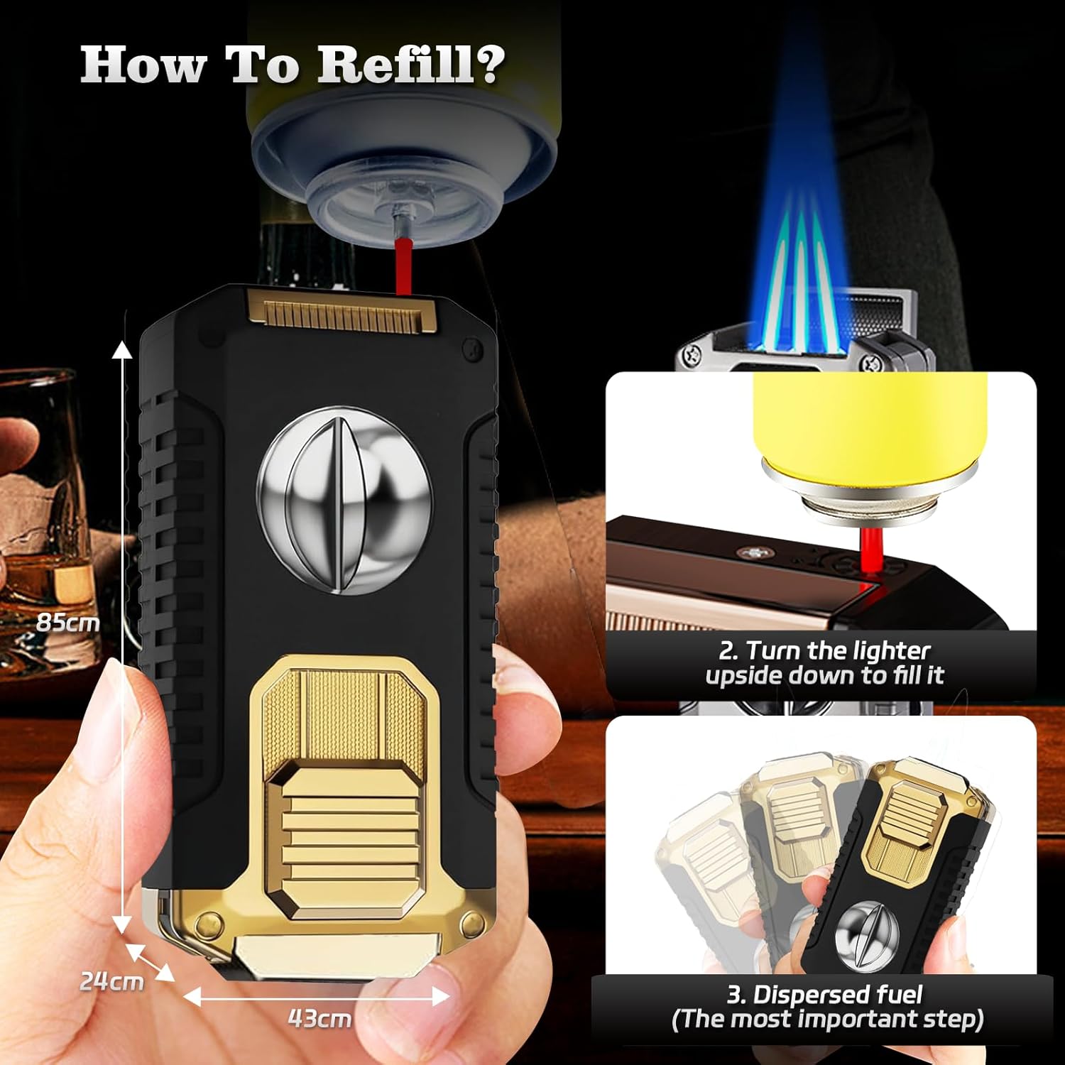5-in-1 Torch Lighter with Triple Jet Flame, Windproof Outdoor Lighter Butane Refillable and Flames Adjustable Torch Lighters for Travel, Outdoors (Butane Not Included)-Black Gold