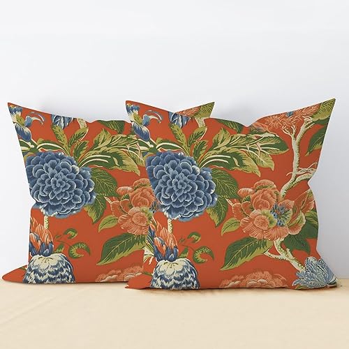 Miniatura 4 de Cojín de cojín de peonía floral naranja y azul oscuro con peonía naranja y azul chinoiserie, funda de cojín tradicional china para sala de estar, 24