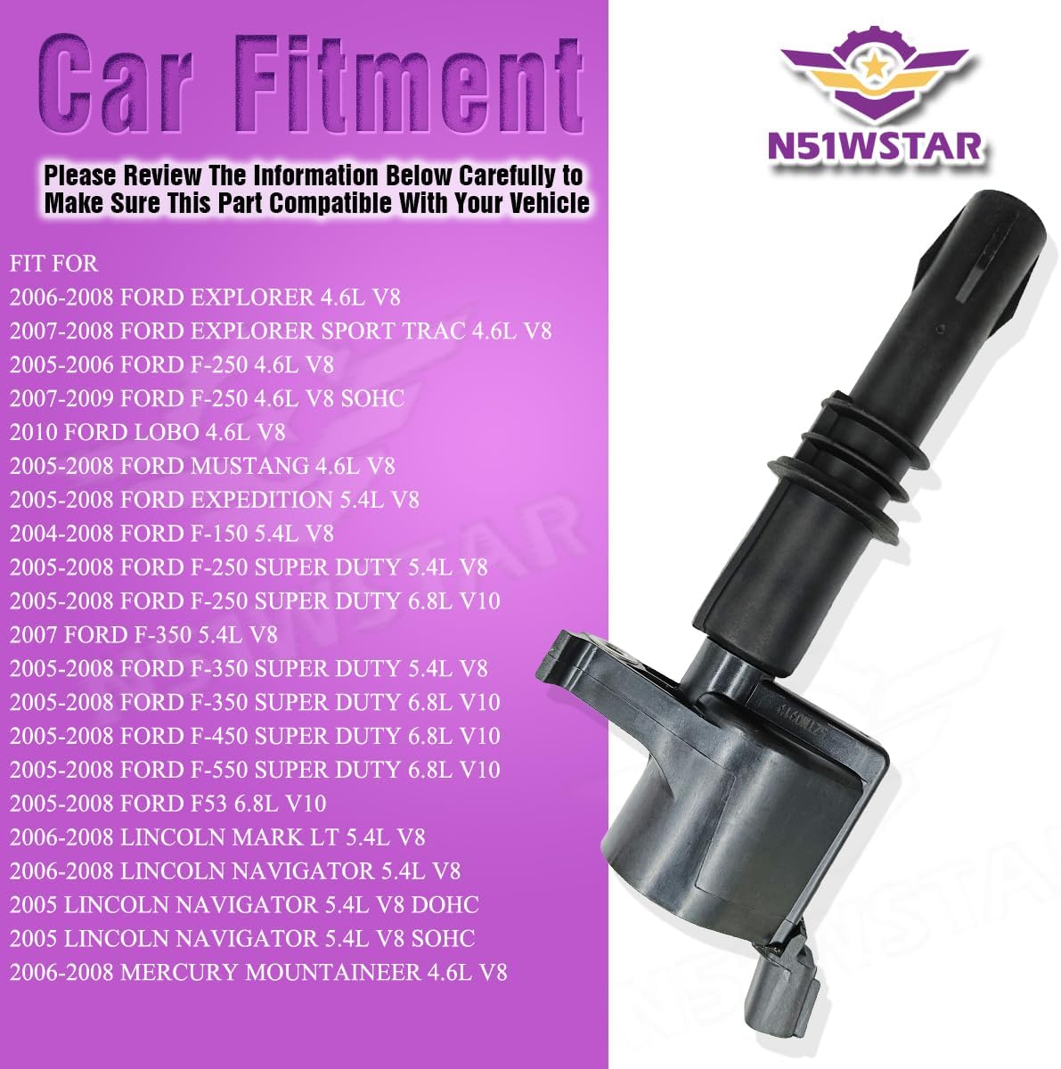 8PCS N51WSTAR Straight Boot Ignition Coil Packs Compatible With Ford Lincoln Expedition Explorer F-150 Super Duty Mustang Mountaineer 4.6l 5.4l 6.8l Replacement for DG511 C1541 FD508