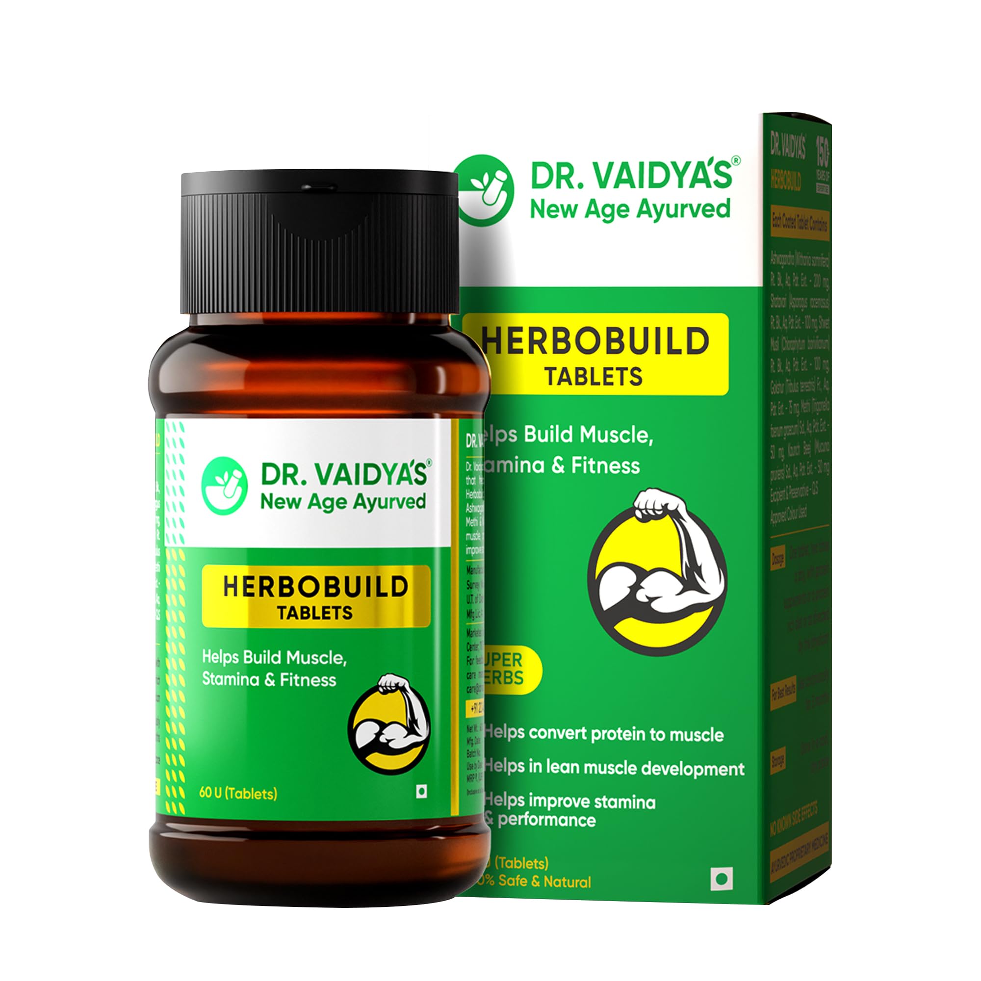 Dr. Vaidya's Herbobuild Tablets | Ayurvedic Muscle & Mass Gainer For Stamina & Strength | Natural Ingredients - Ashwagandha & Methi | (60 Tablets) Pack of 1