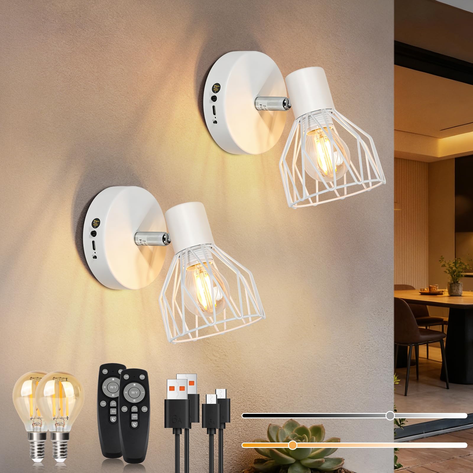 Kimjo White*2 Usb Rechargeable Wall Lights Battery Operated Wall Sconce Lights, Wireless Wall Lights Indoor Set Of 2, E14 White Wall Lamps & Sconces With Remote, Dimmable Wall Mounted Light With Timer
