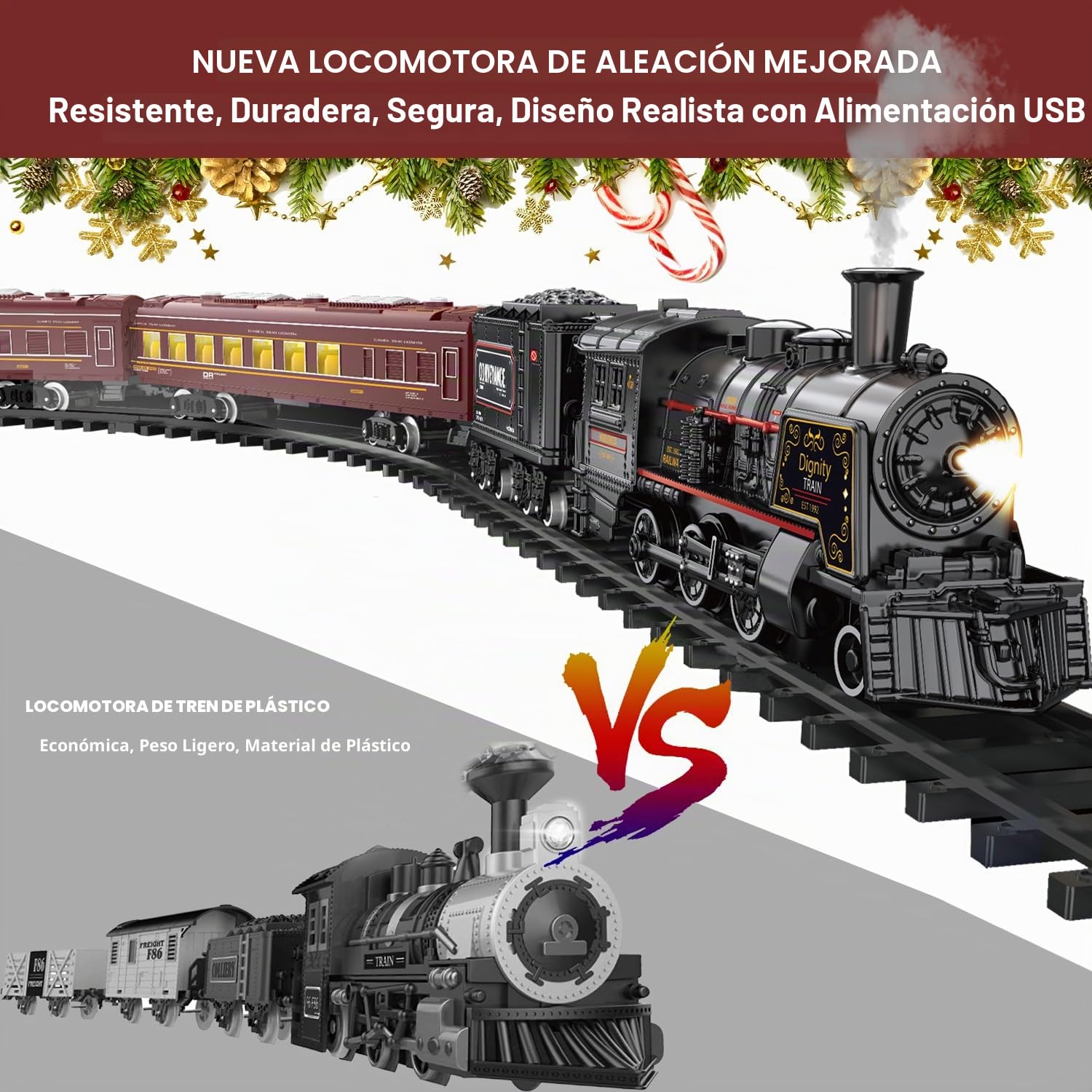 Juegos de trenes para niños de aleación de metal con locomotora de vapor, carros de pasajeros, pistas y rompecabezas, kits de ferrocarril con humo, luz y sonidos, 7, 8 años y rojo