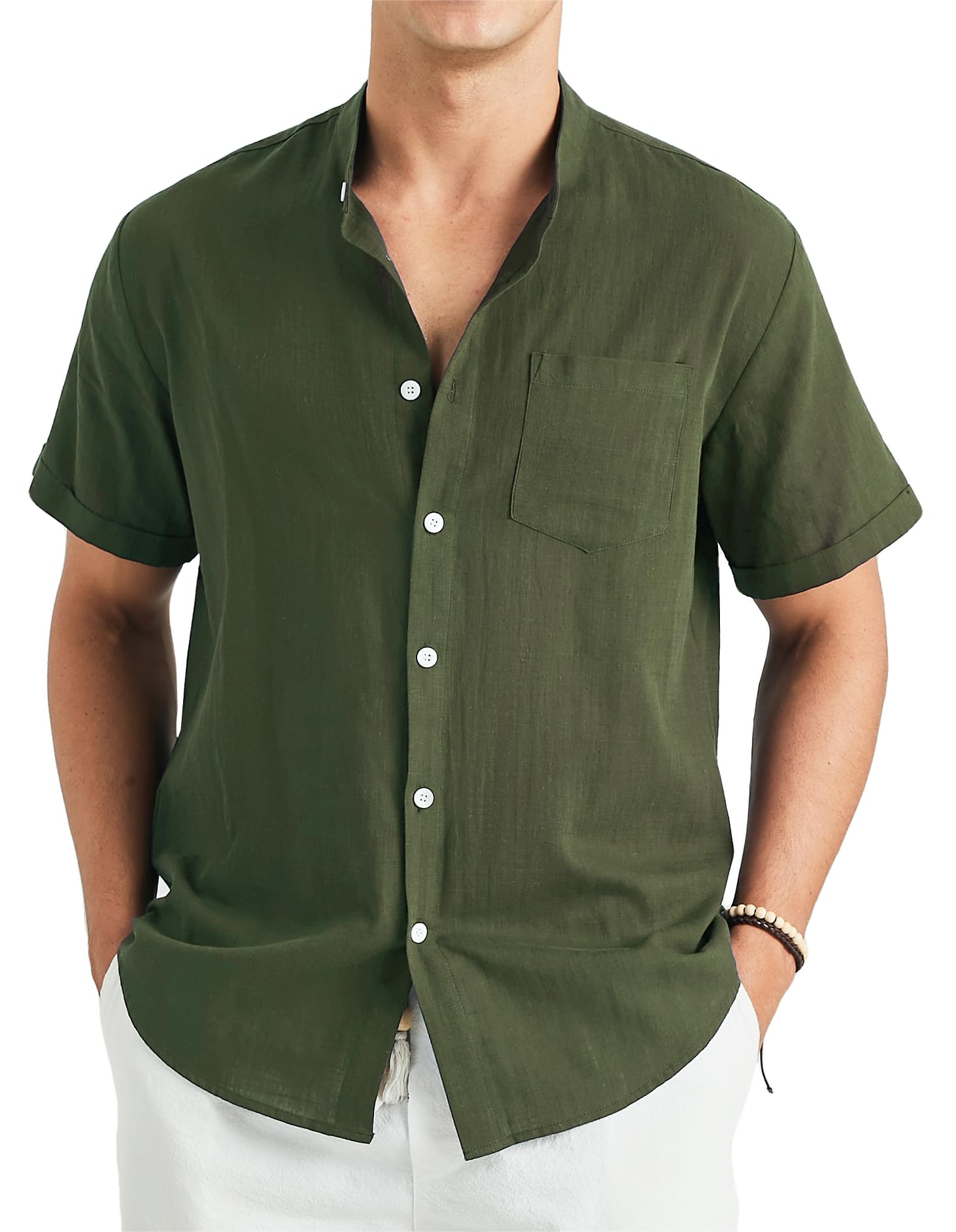Enlision Camisa de Lino Manga Corta Camisa para Hombre Informales Sin Cuello Verano Henley Camisas Coton de Color Sólido con Botónes Bolsillo Playa Boda S-4XL