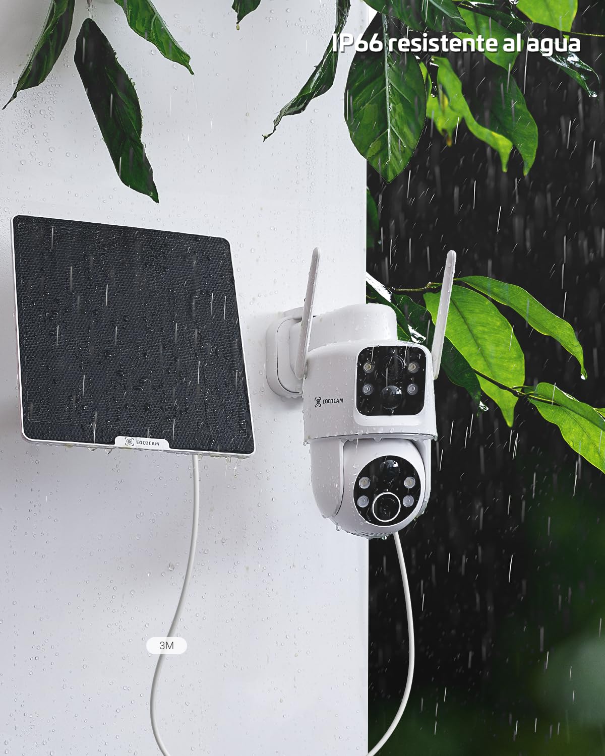 COCOCAM 2K Camara Vigilancia WiFi Exterior Solar con Lentes Duales PIR | Sin Cable, Batería 10000mAh, 355°P 90°T, Panel Solar 6W, IP66, 2.4G WIFI